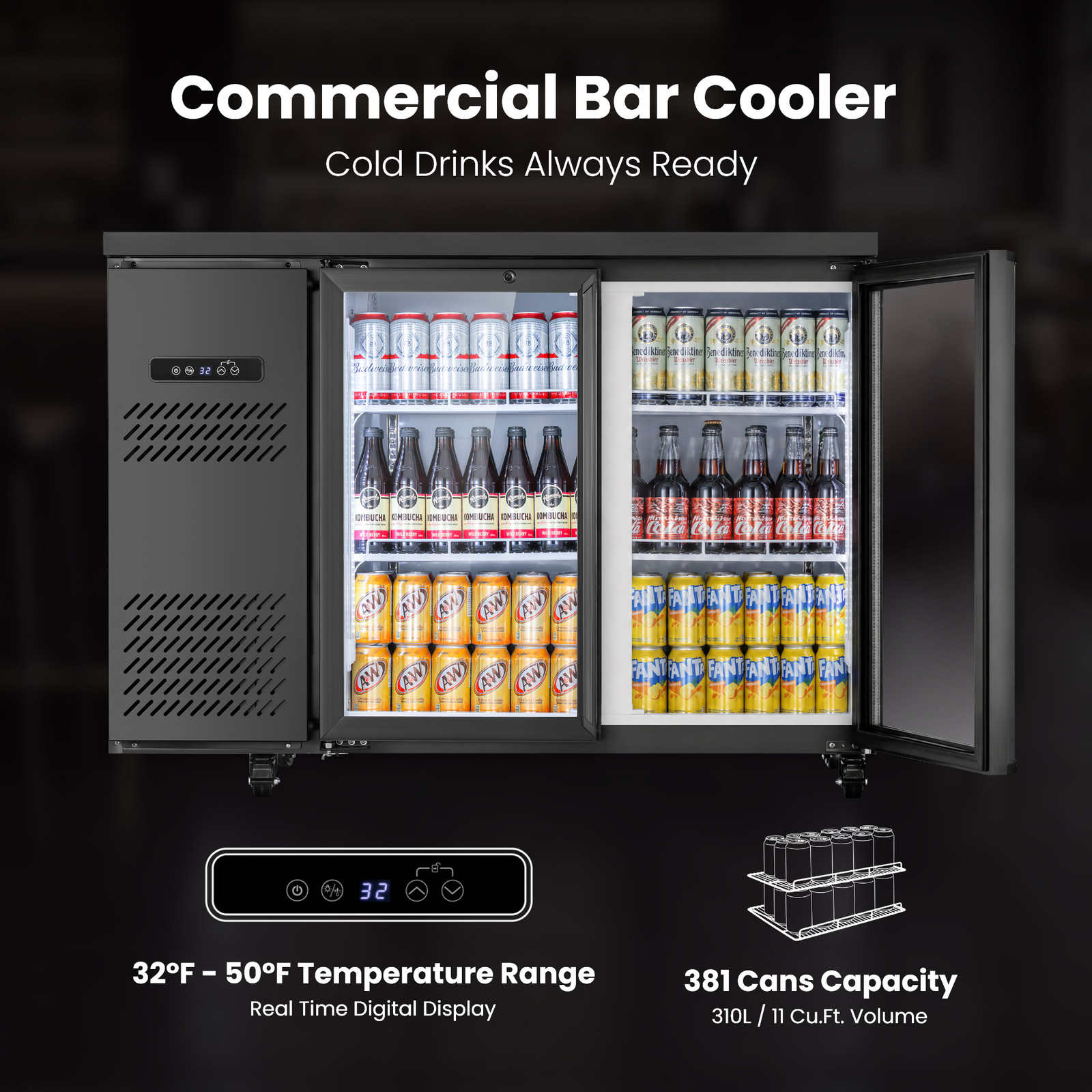 Yeego Back Bar Cooler Commercial Beverage Fridge Under Counter Glass Door Black