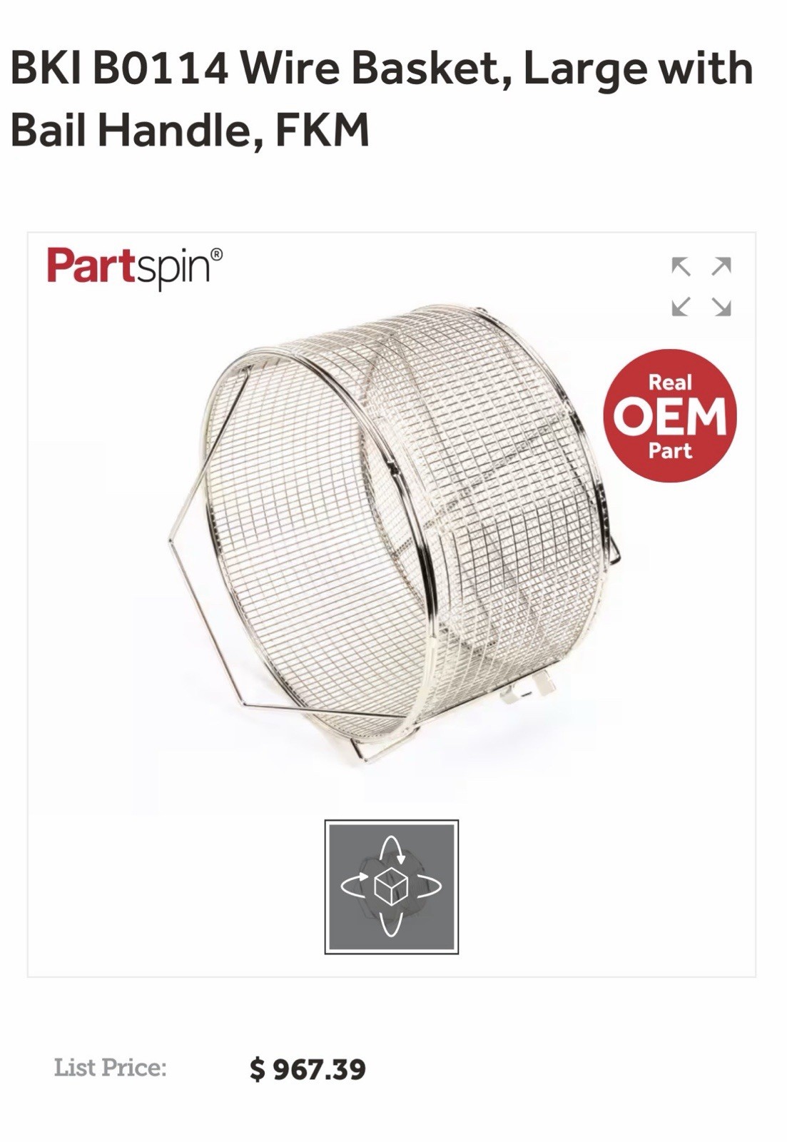 BKI B0114 Wire Basket, Large With Bail Handle. FKM. New