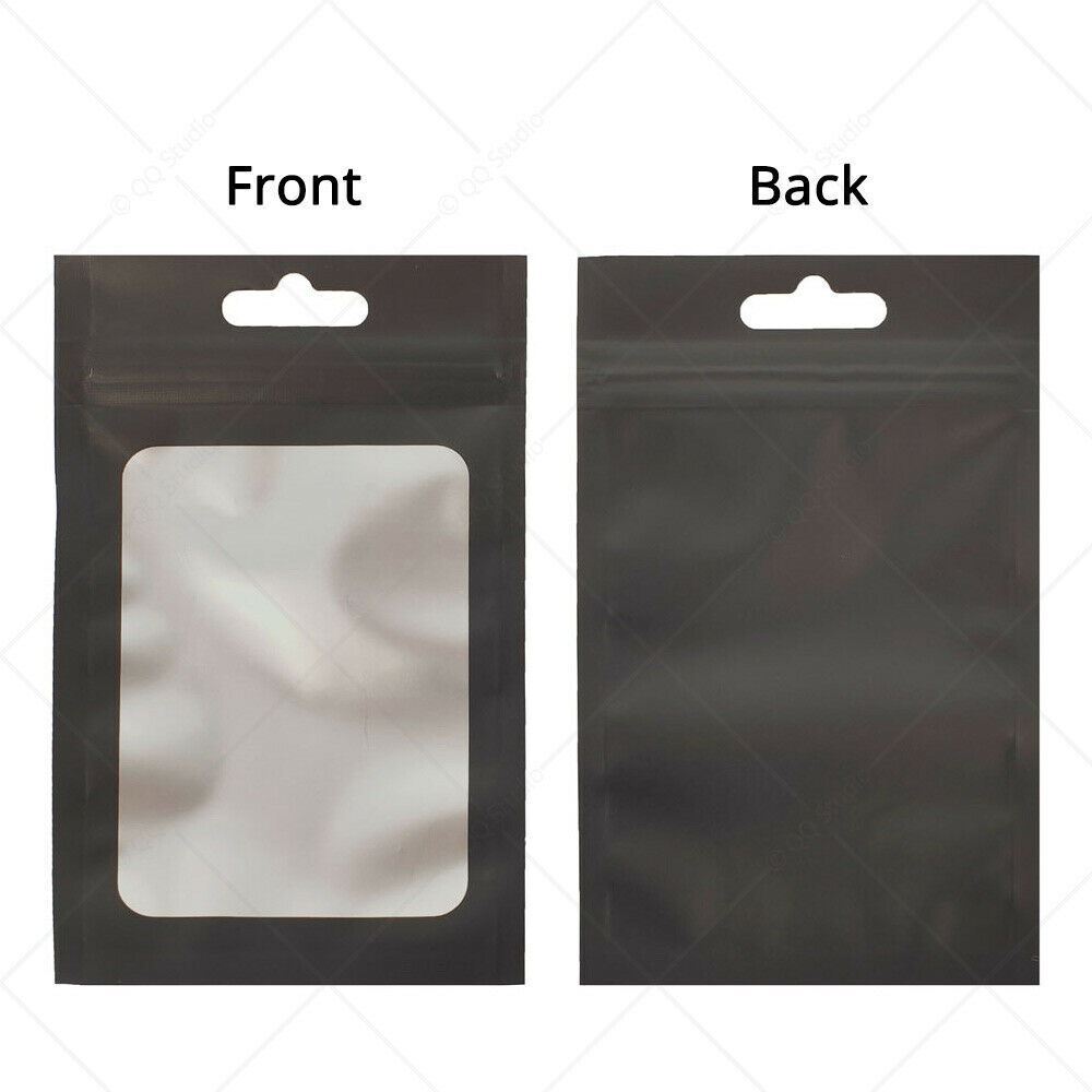 Multi-Size Matte Black Mylar Flat Zip Seal Bag For Storage w/ Window & Hang Hole