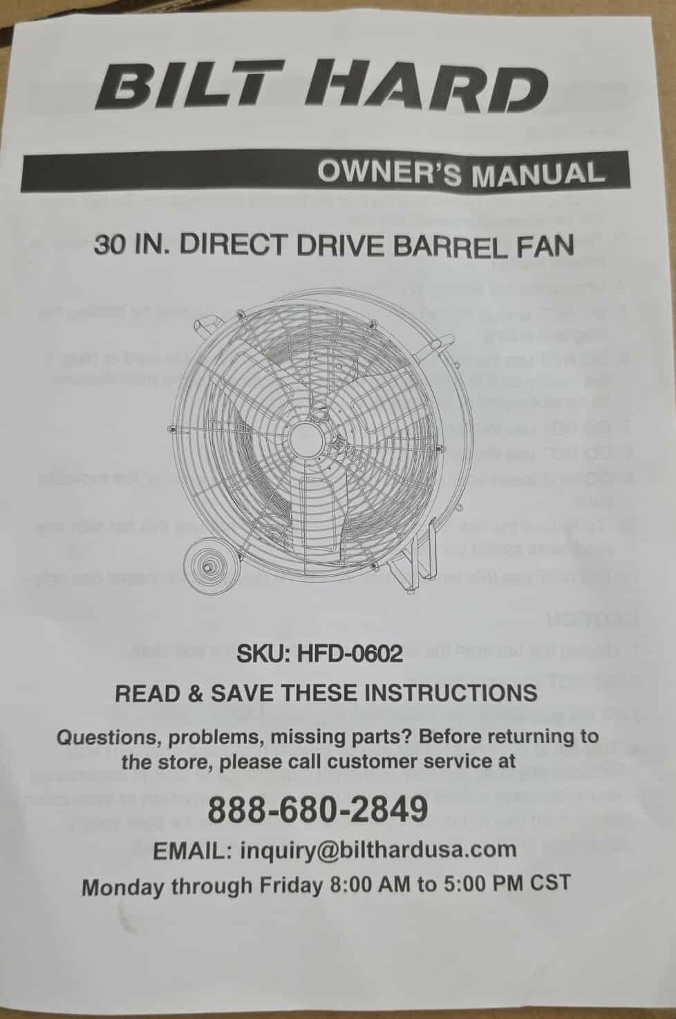 BILT HARD 30″ Direct Drive Barrel / Drum Fan HFD-0602 13,000 CFM Industrial Fan