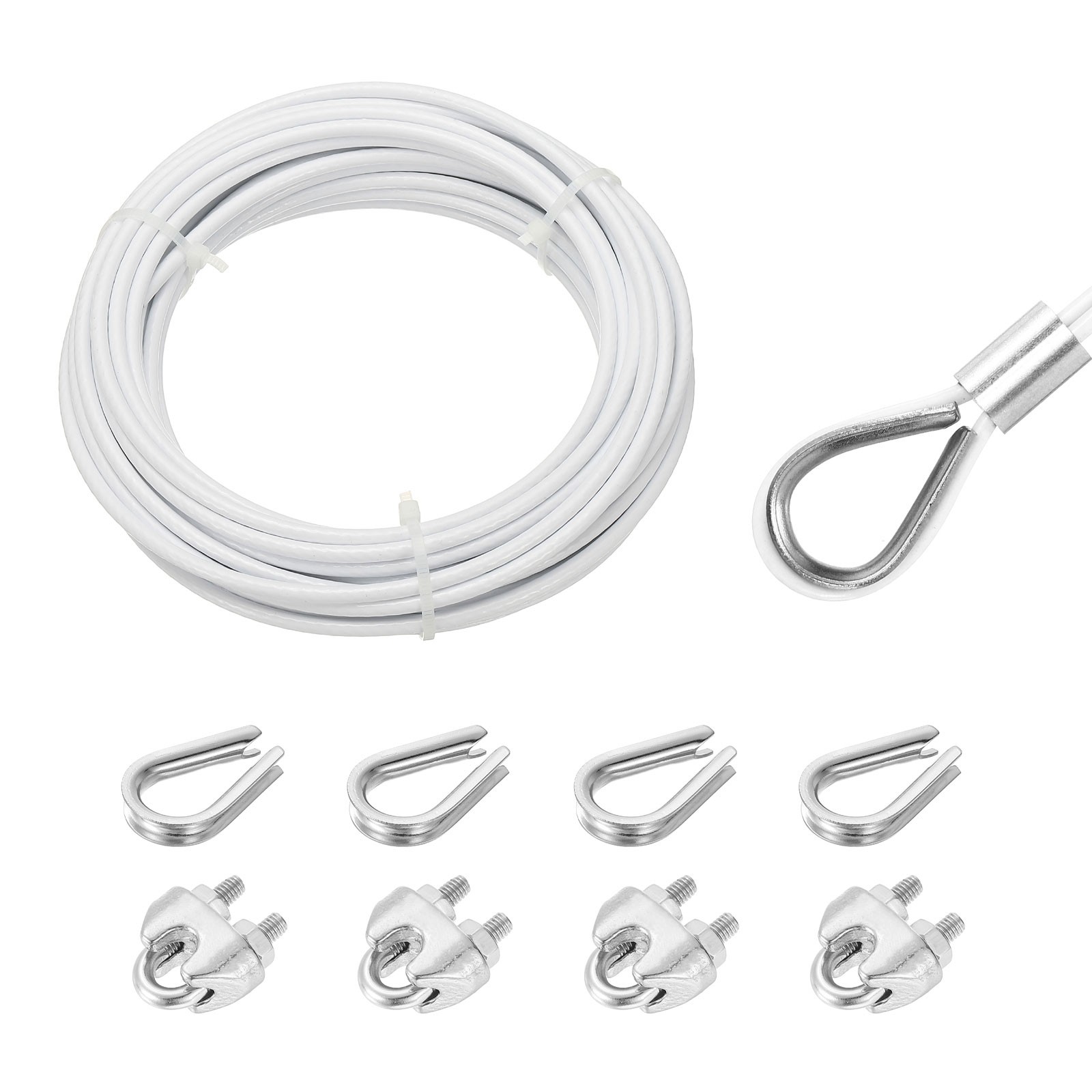 33Ft(10M) Wire Rope Stainless Steel Cable 5/32″ 4pcs Screw Chuck & Thimble White