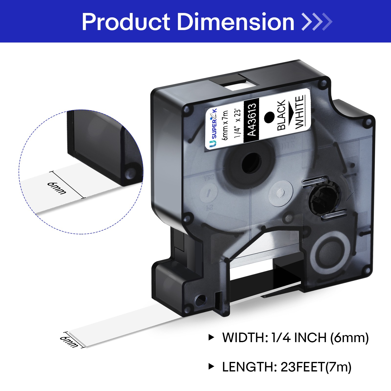 1PK Black on White Label Tape 1/4″ *23ft For Dymo D1 43613 LabelManager 160 450D
