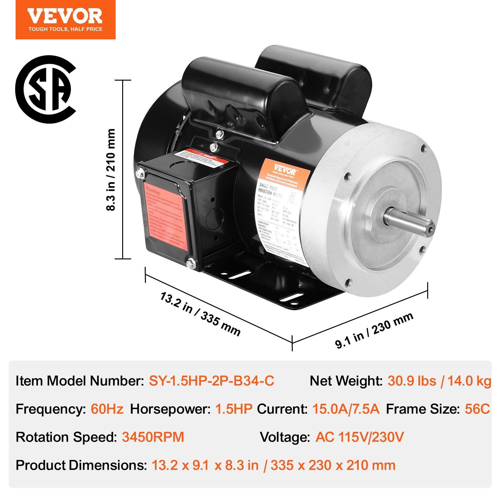 1.5HP Electric Motor 3450RPM AC 115V/230V 56C Frame 5/8″Keyed Shaft Resists Rust