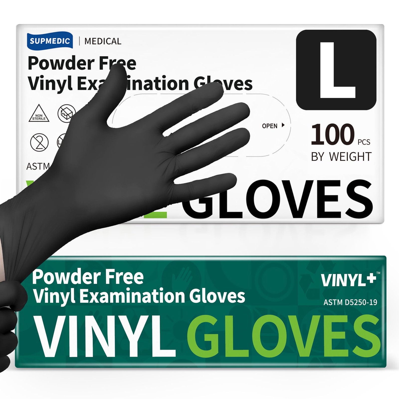 Supmedic Vinyl Disposable Exam Gloves, Black 4 Mil Large, 100 Large (Black)