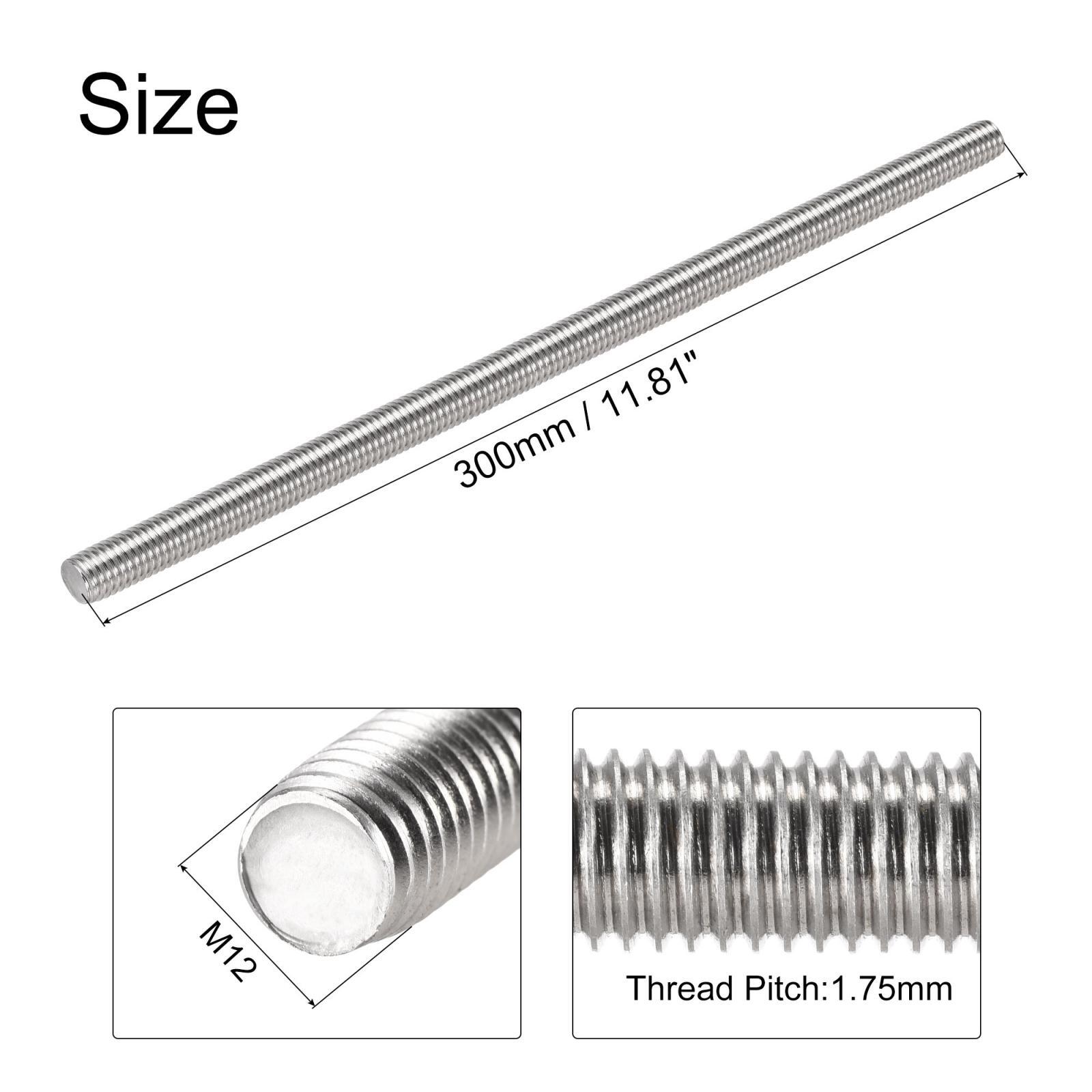 2pcs M12 x 300mm Fully Threaded Rod 304 Stainless Steel Right Hand 1.75mm Pitch