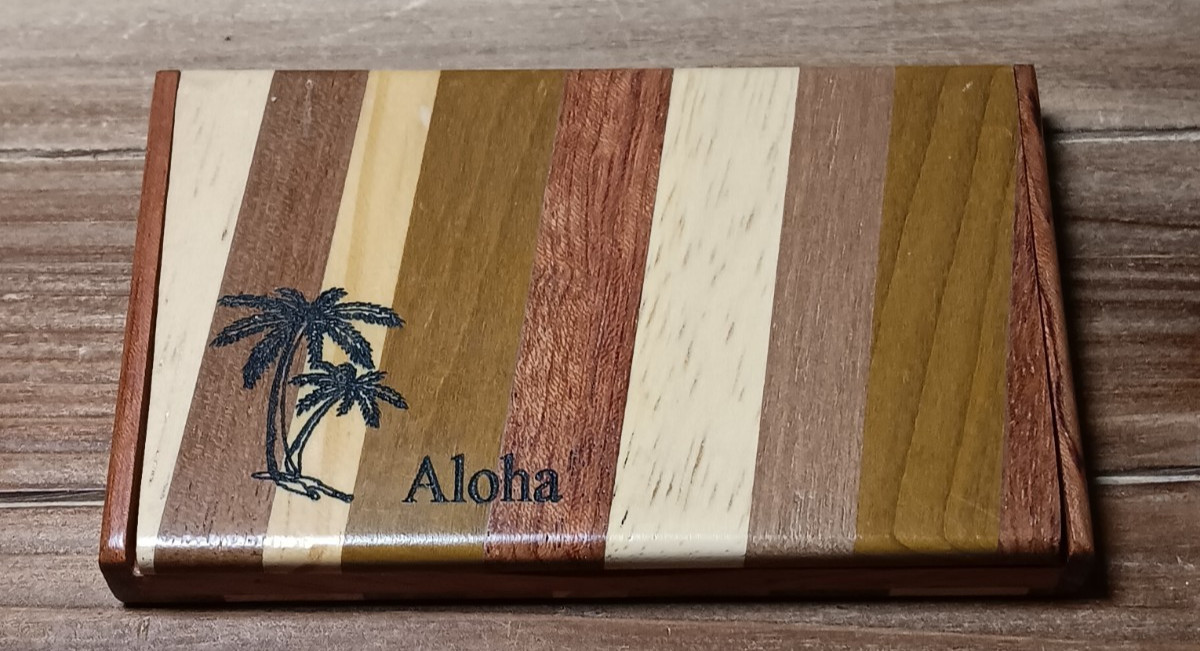 Aloha Business Card Holder Tri Colored Wood Island Memories Office Gift Idea