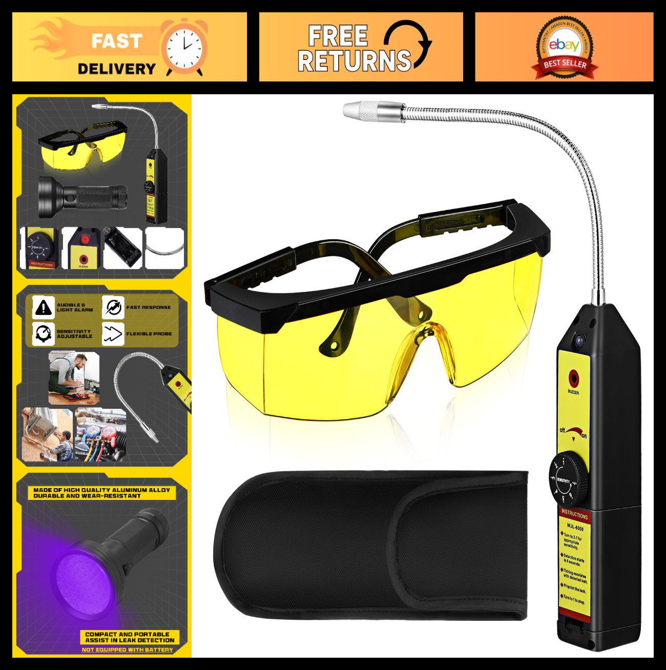 Automotive AC Leak Detector Kit, Electronic Refrigerant Sniffer, UV Glasses, R13