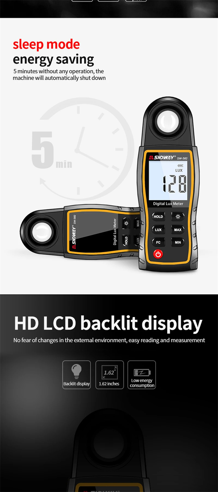 Light Lux Meter LCD photometer Illuminometer Luminometer 200,000Lux Temp light