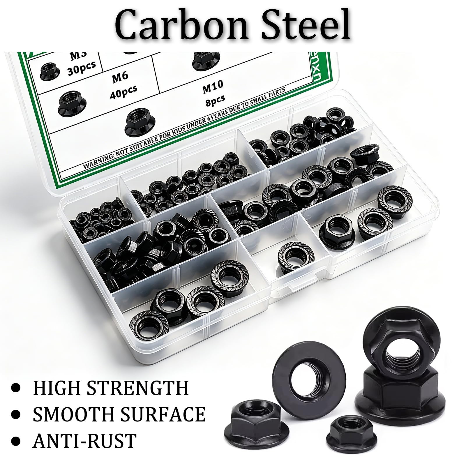 136PCS 6 Metric Sizes Black Carbon Steel Hex Flange Nuts Assortment Kit -M3, …