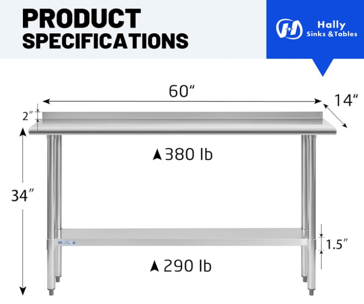Mesa de trabajo de acero inoxidable 14×60 con estante inferior resistente, Nuevo
