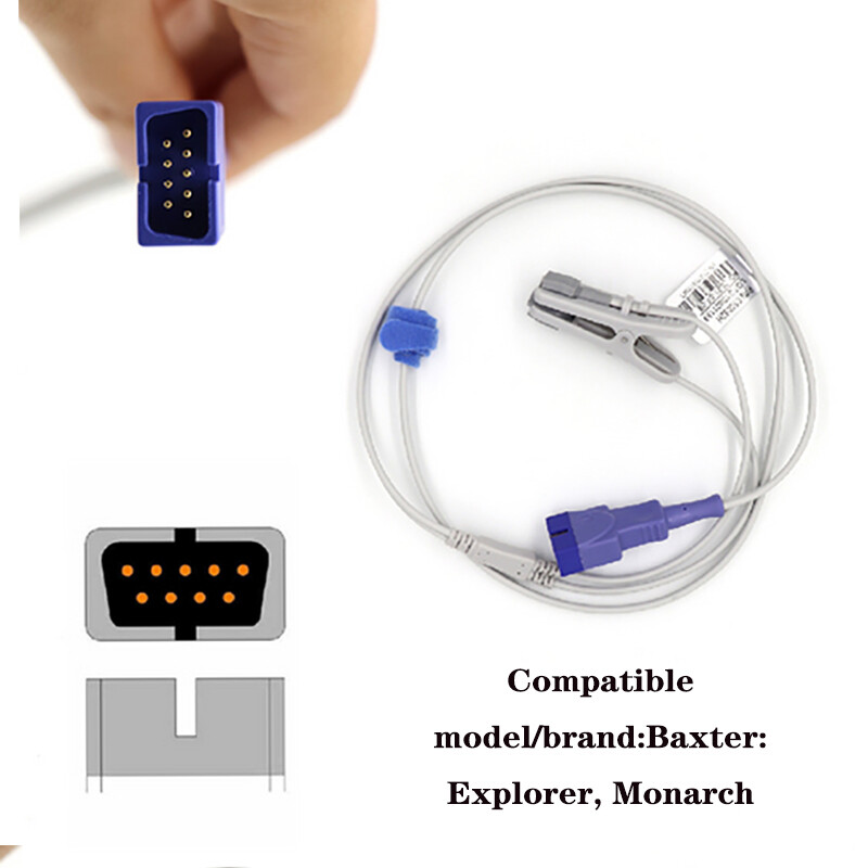 Adult Ear Clip Probe Ear Lingual SpO2 Sensor 3ft Compatible Baxter 9Pin