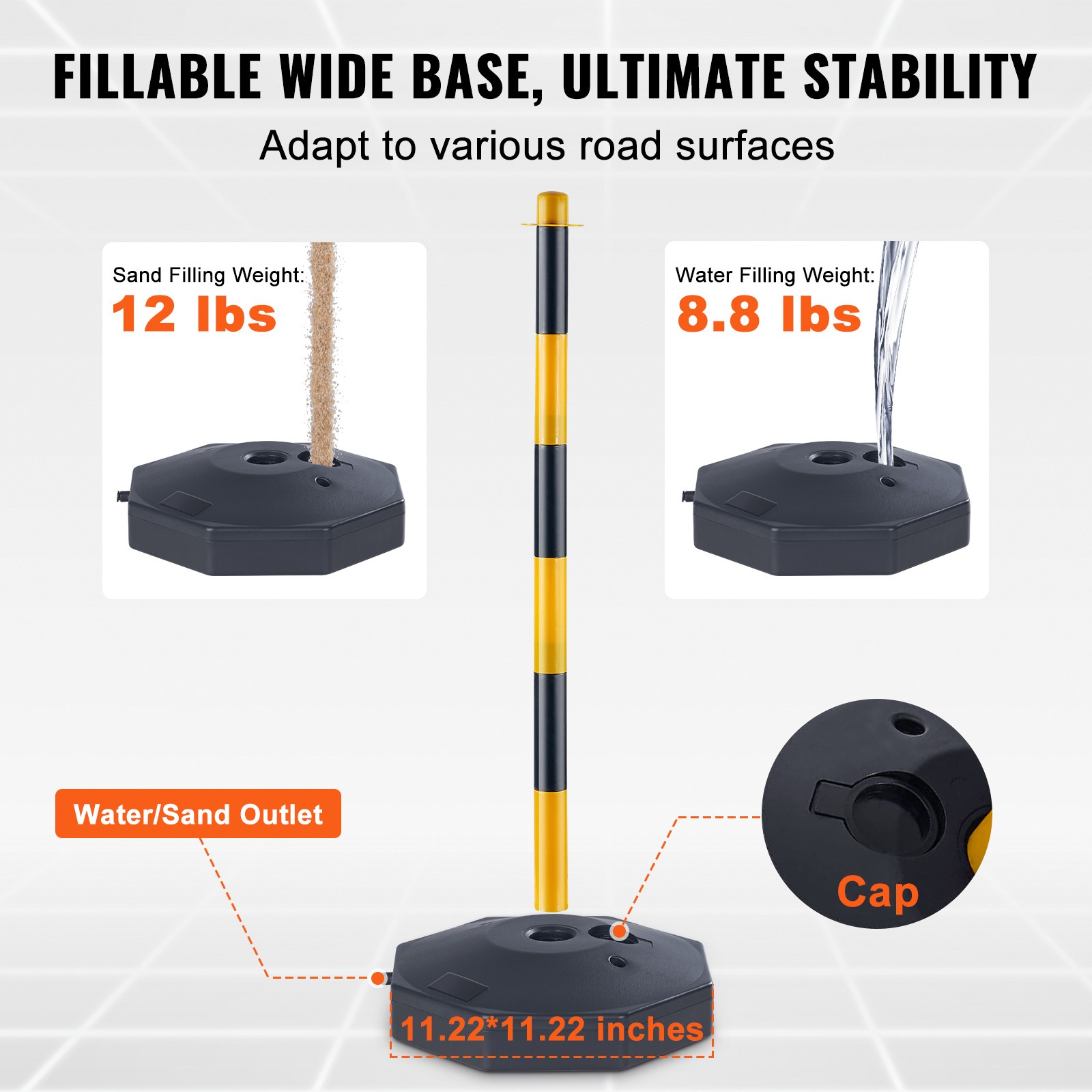 VEVOR 6PCs Traffic Delineator Post Cones with Fillable Base 8FT Chain Adjustable