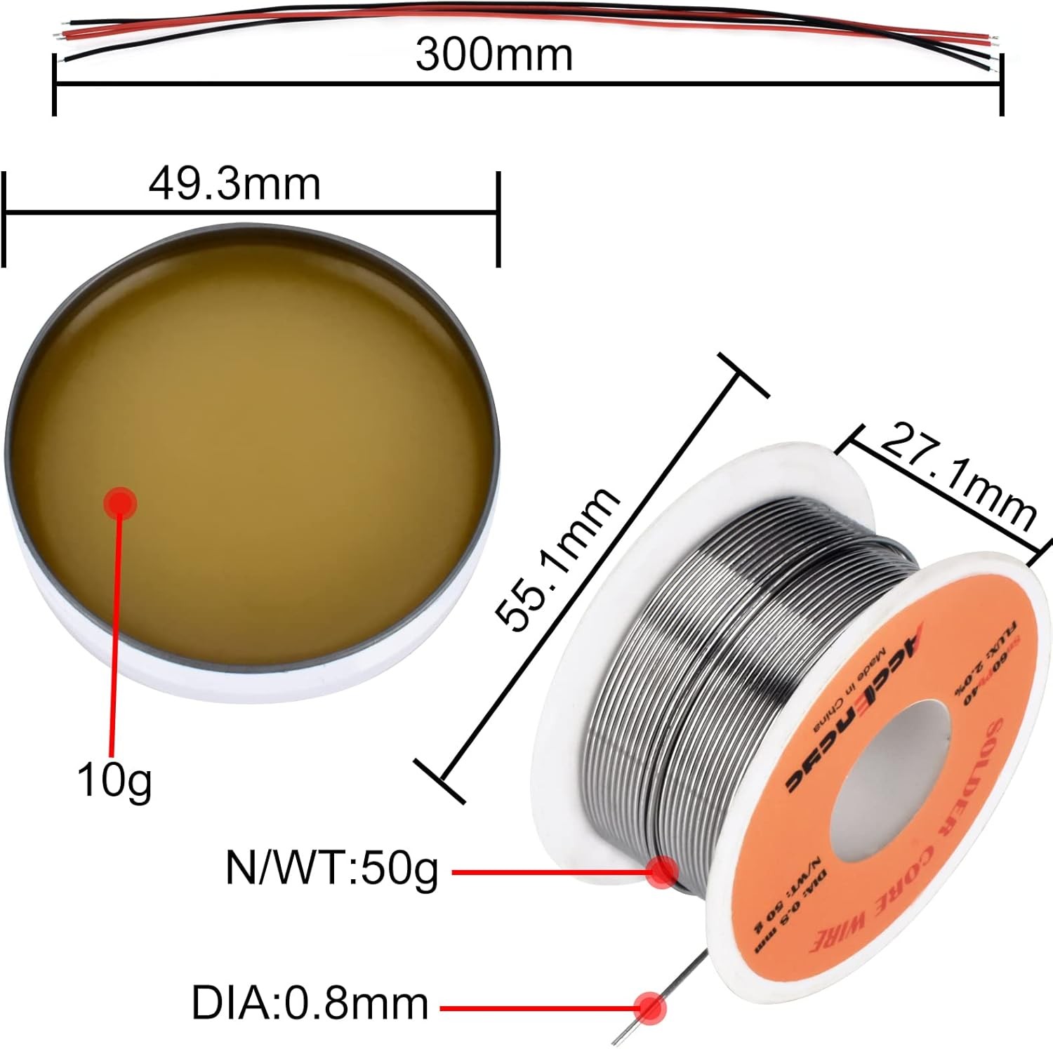 AccEncyc Solder Core Wire and Rosin Paste Flux Kit Tin Lead red, black