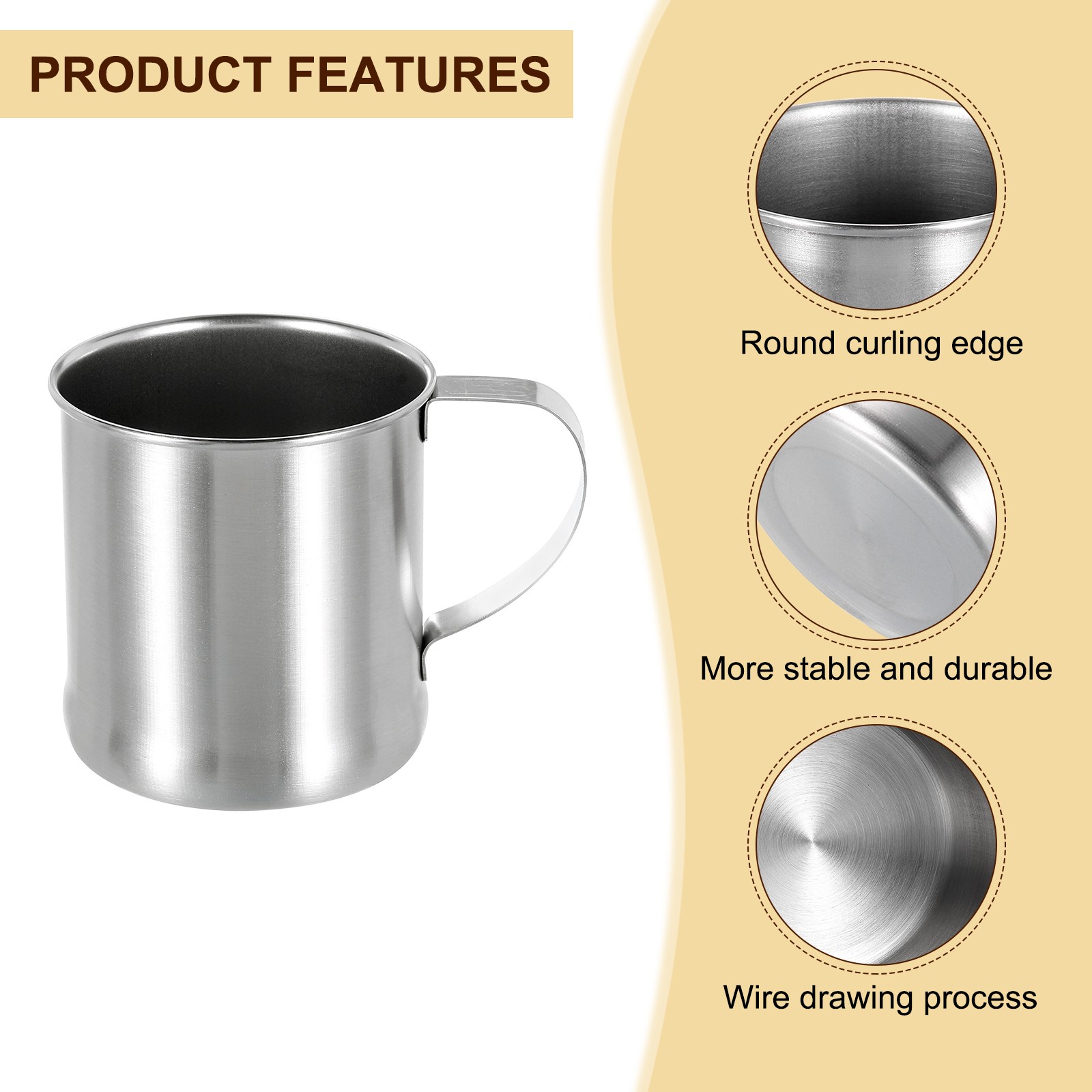 304 Stainless Steel Cup with Handle, 10oz Metal Water Glasses Shatterproof Cup