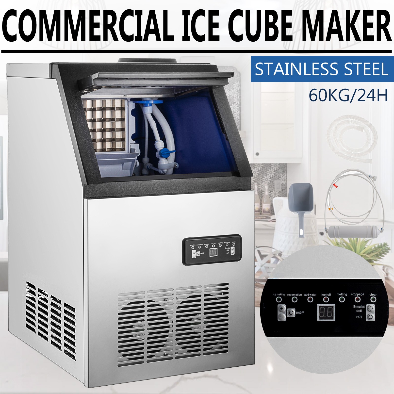 132lb Built-in Commercial Ice Maker Stainless Steel Bar Restaurant Cube Machine