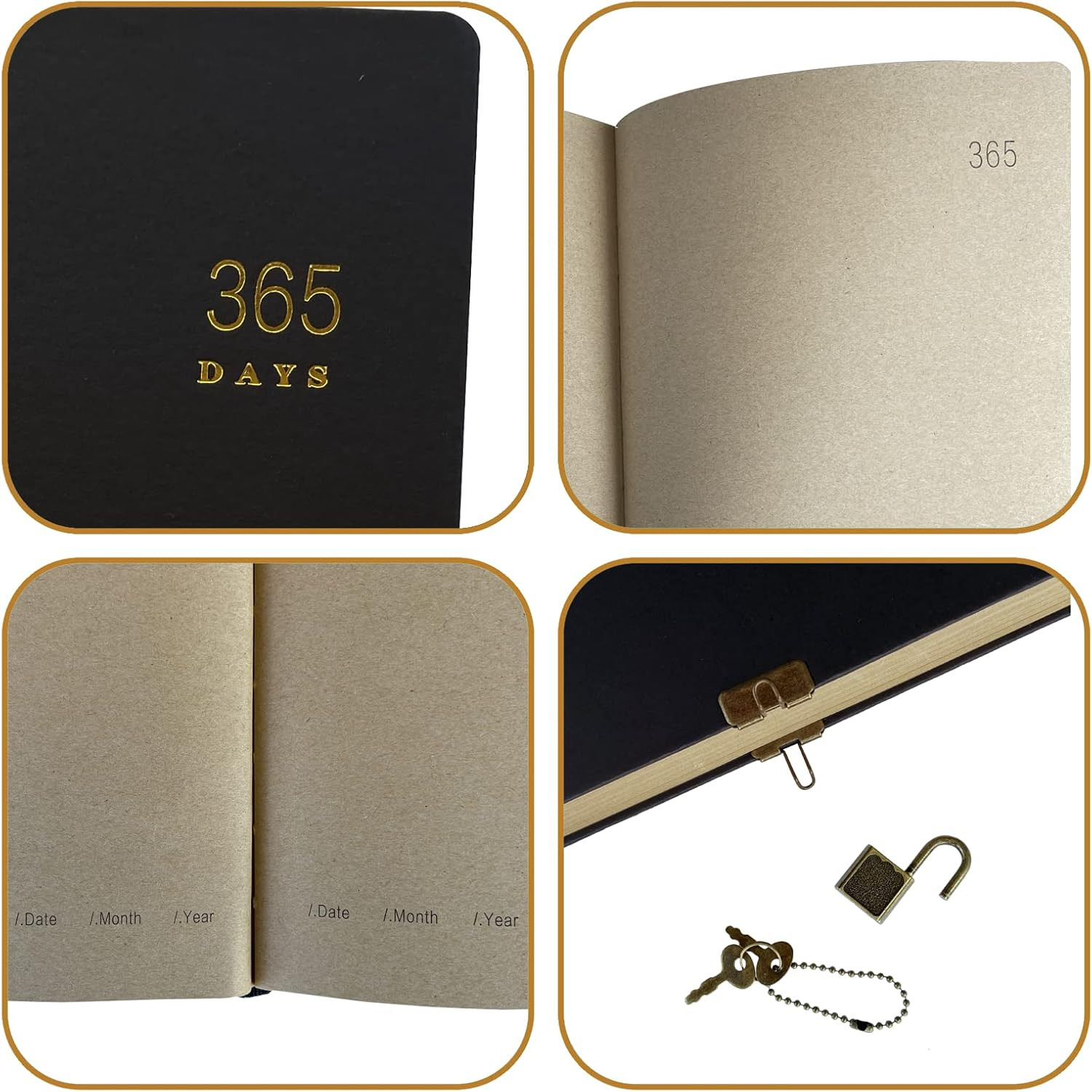 Vintage 365 Journal with Lock and Key, A5 Blank Page Diary for Women Men, Black