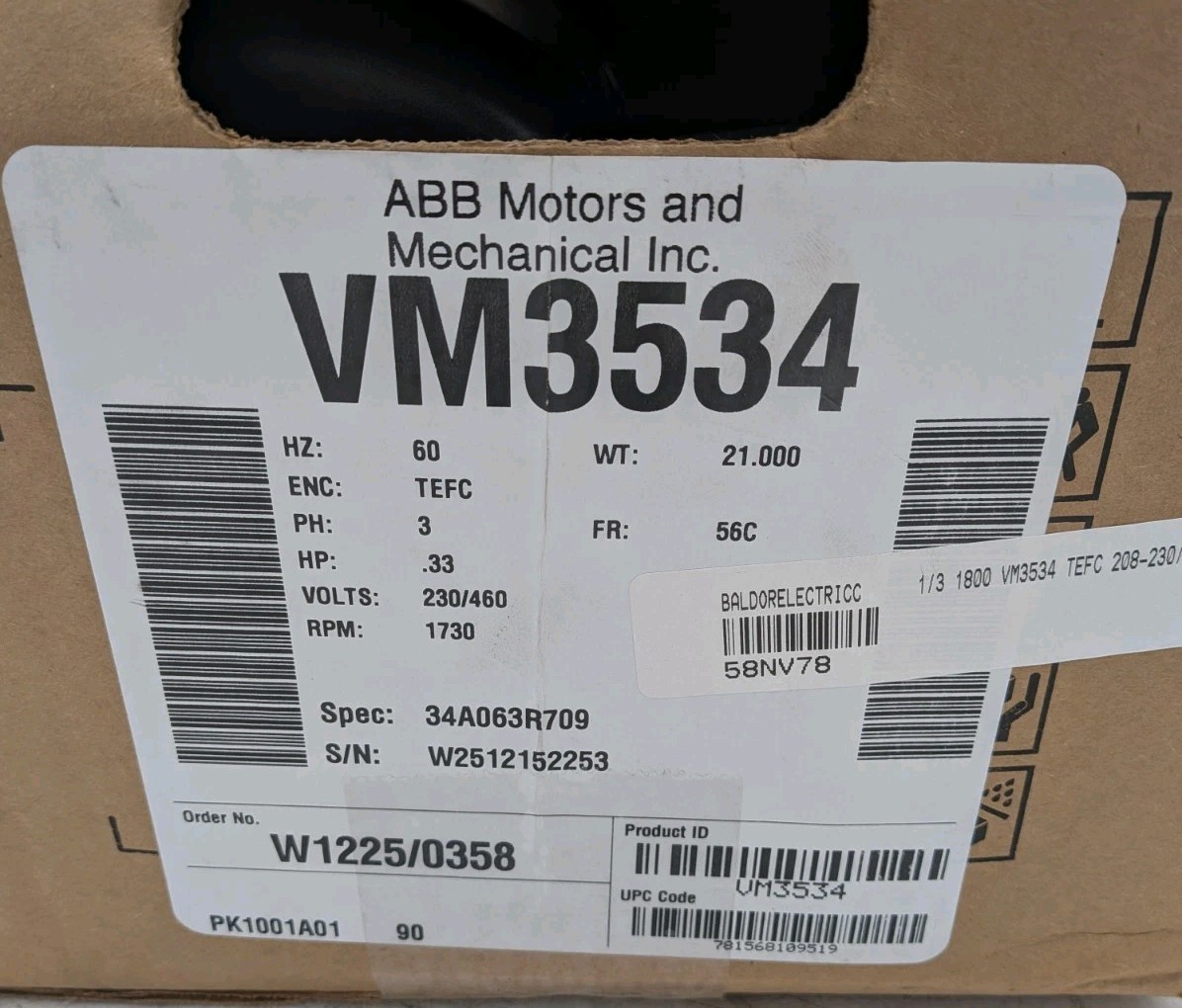 Baldor VM3534 AC Motor 1725 rpm 230/460V 1/3hp 3-Phase 56c C-Face TEFC