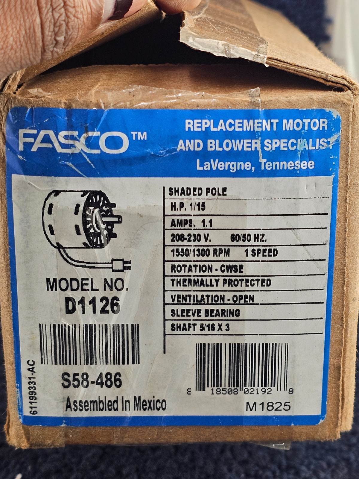 Fasco D1126, S58-486 Replacement Motor 1/15HP, 208-230V, 1550/1300RPM, 1.1A CWSE