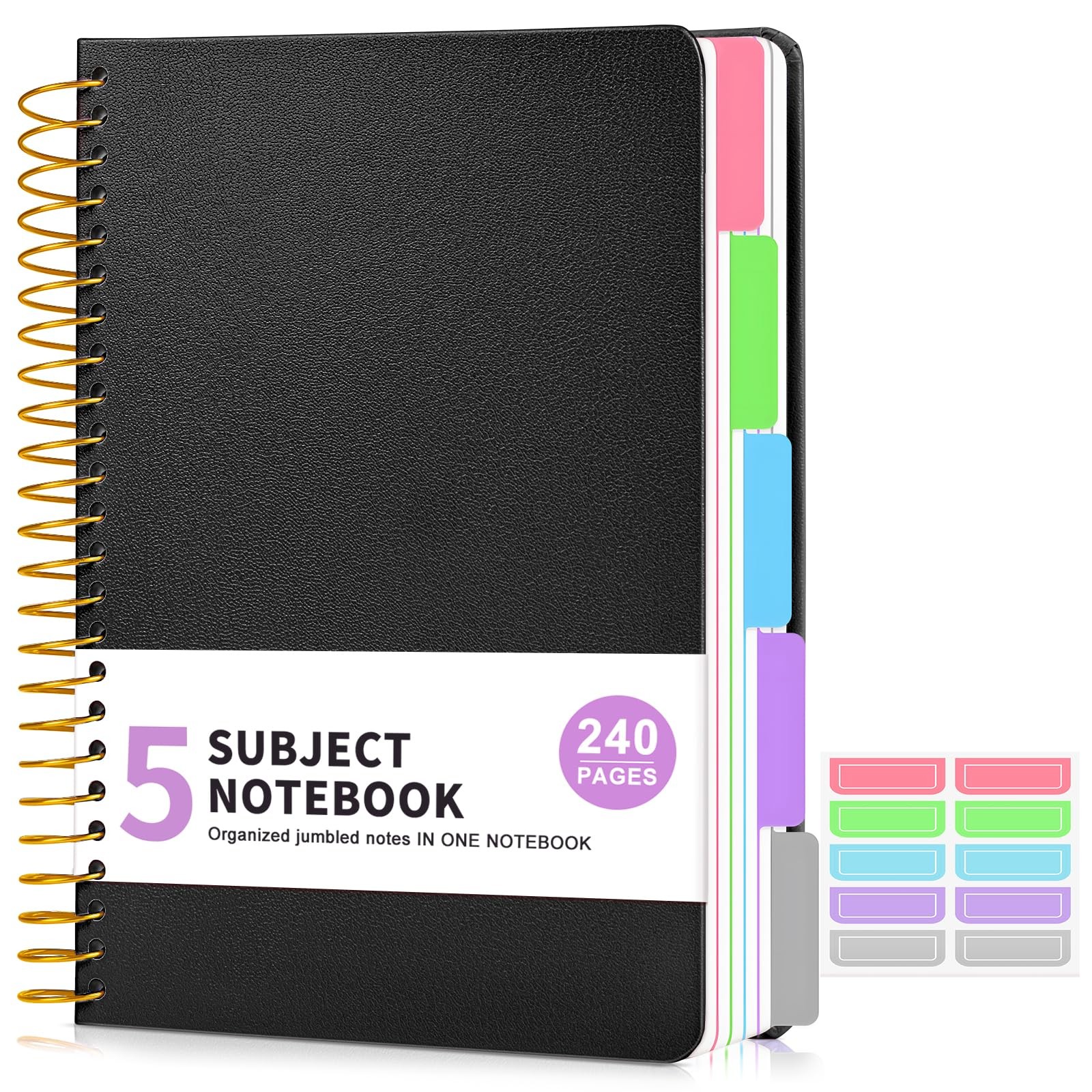 5 Subject Notebook College Ruled 240 Pages, A5(5.8″x8.3″) Hardcover Spiral No…