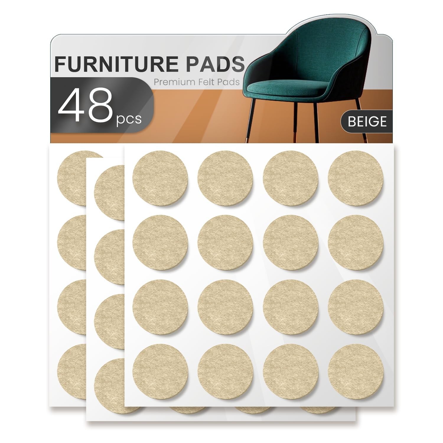 48 PCS Felt Furniture Pads, YOESSA Chair Leg Floor Round 48Pcs Beige, Beige