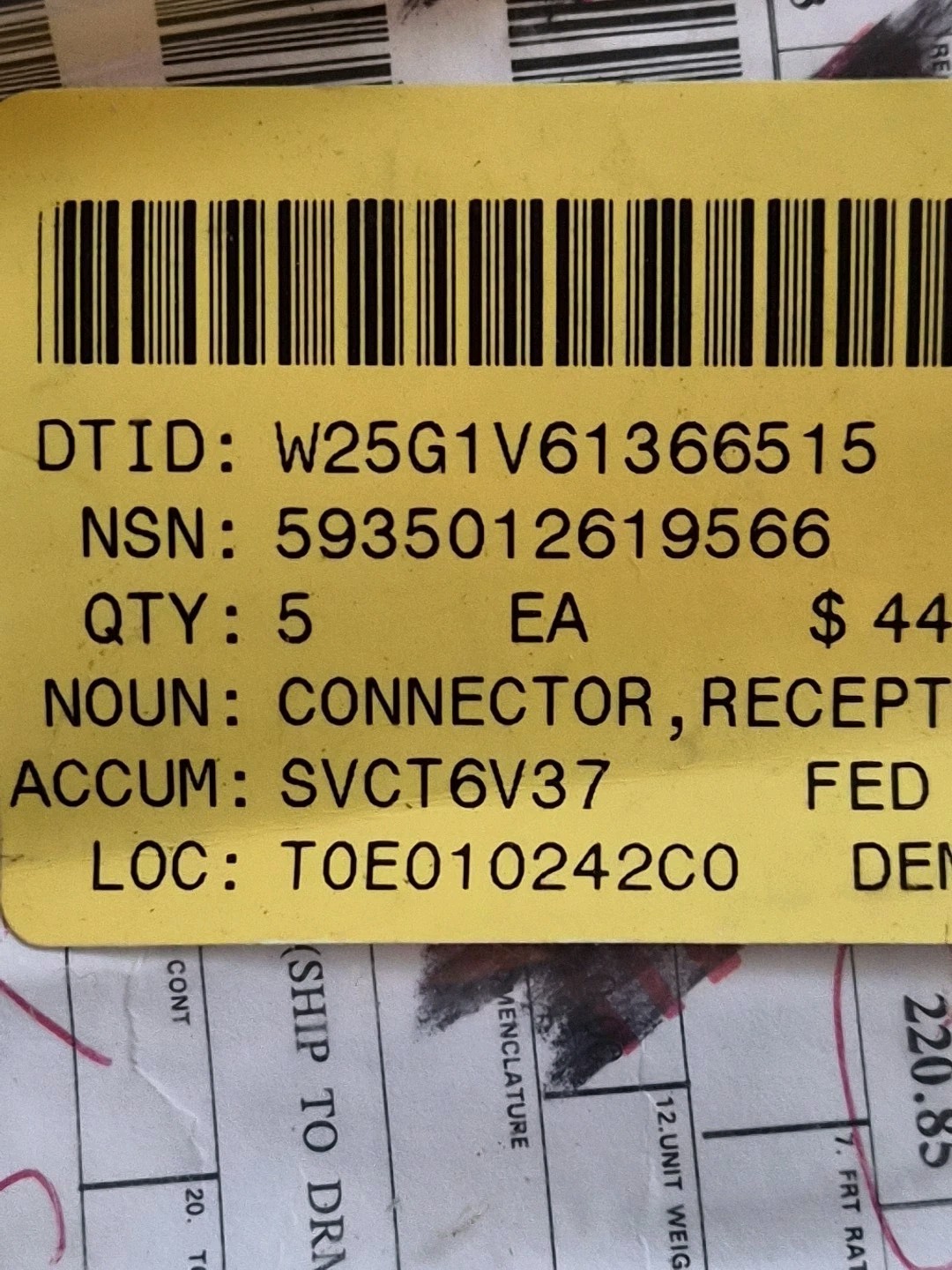 AIRBORN connector PN WTBV66PD9JTB, NSN 5935-01-2619566, NOS.