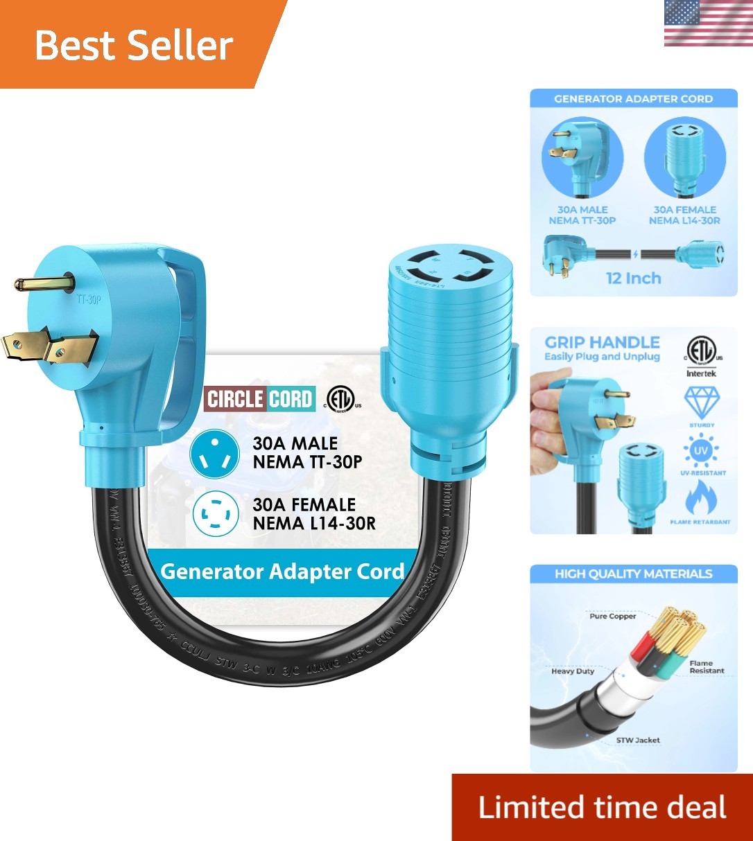 30 Amp NEMA TT-30P to L14-30R Generator Adapter – 12 Inch Heavy Duty Cable