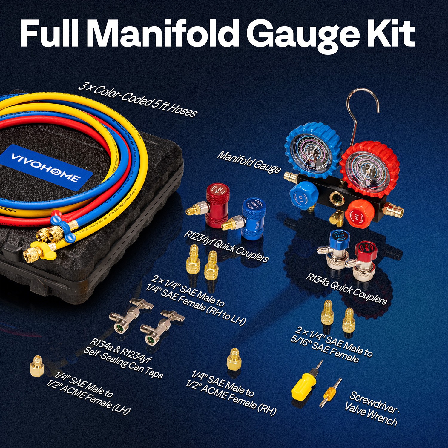 HVAC Manifold Gauge Set R134a R1234yf R410A R454B R32 AC Gauges w/ 5ft Hoses Kit