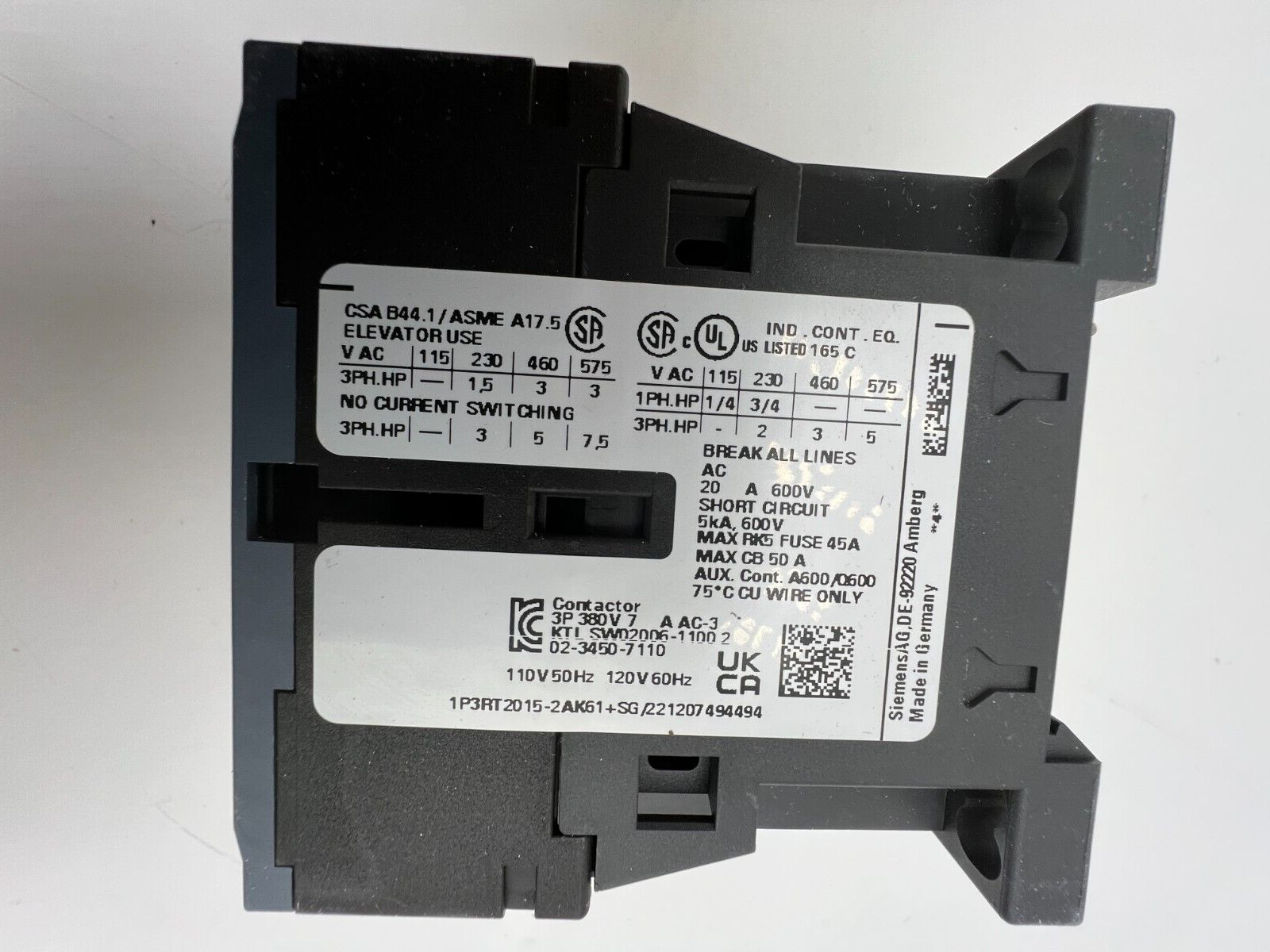 Siemens 3RT2015-2AK61 Contactor Spring Loaded Terminal 220/240V 50/60Hz
