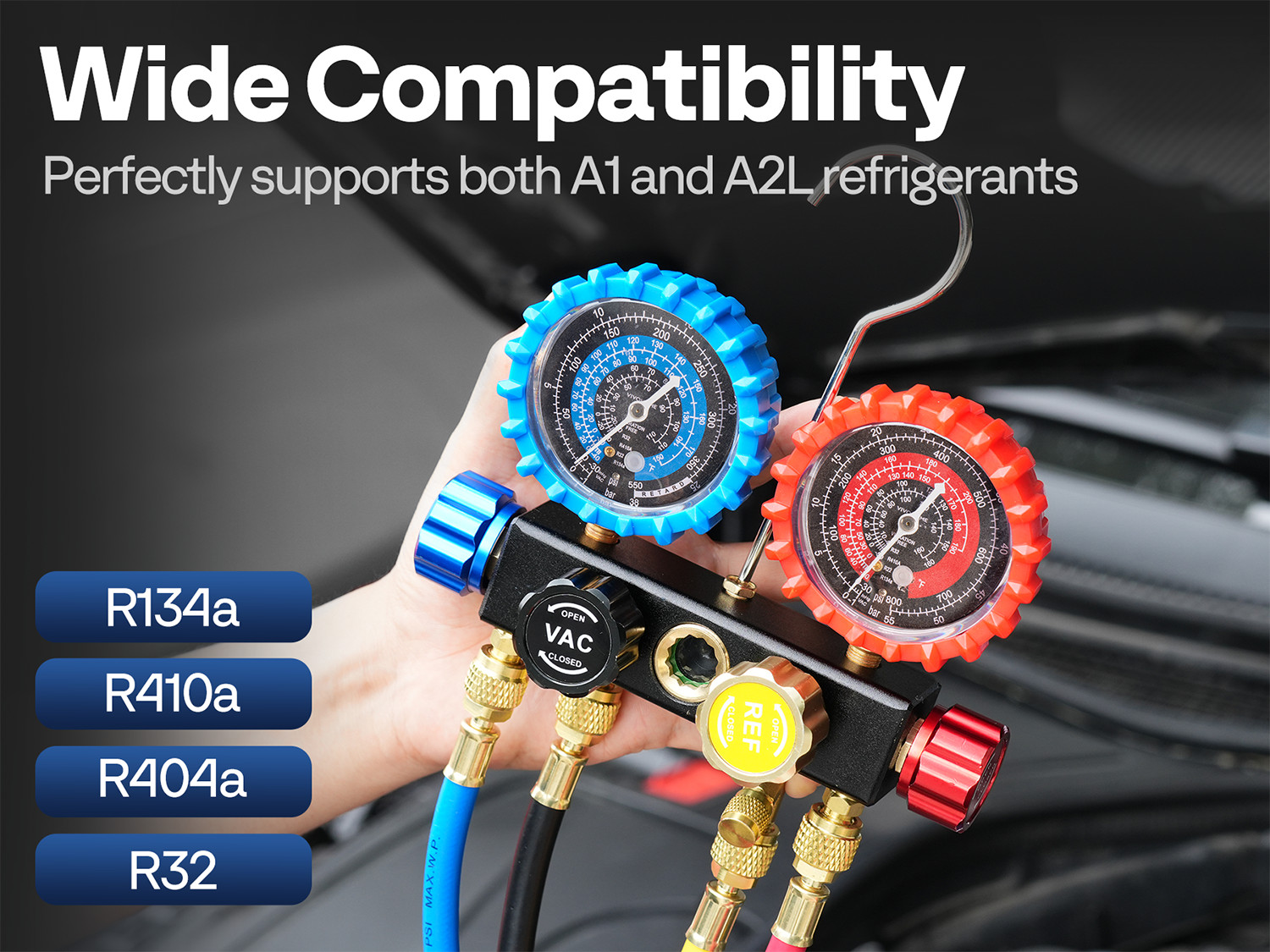 AC Manifold Gauge Set 4 Way For R134a R410a R22 R32 Refrigerat with 5ft Hoses