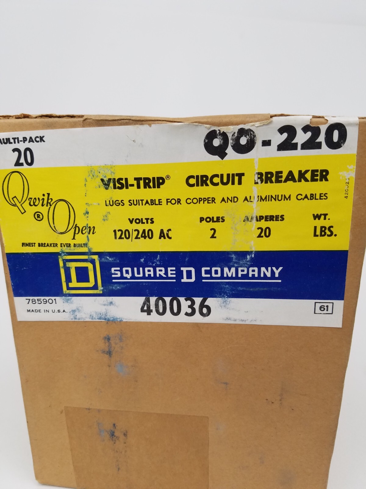 Lot of 20 – QO220 Square D 20 Amp Circuit Breaker – Next Day Option – New