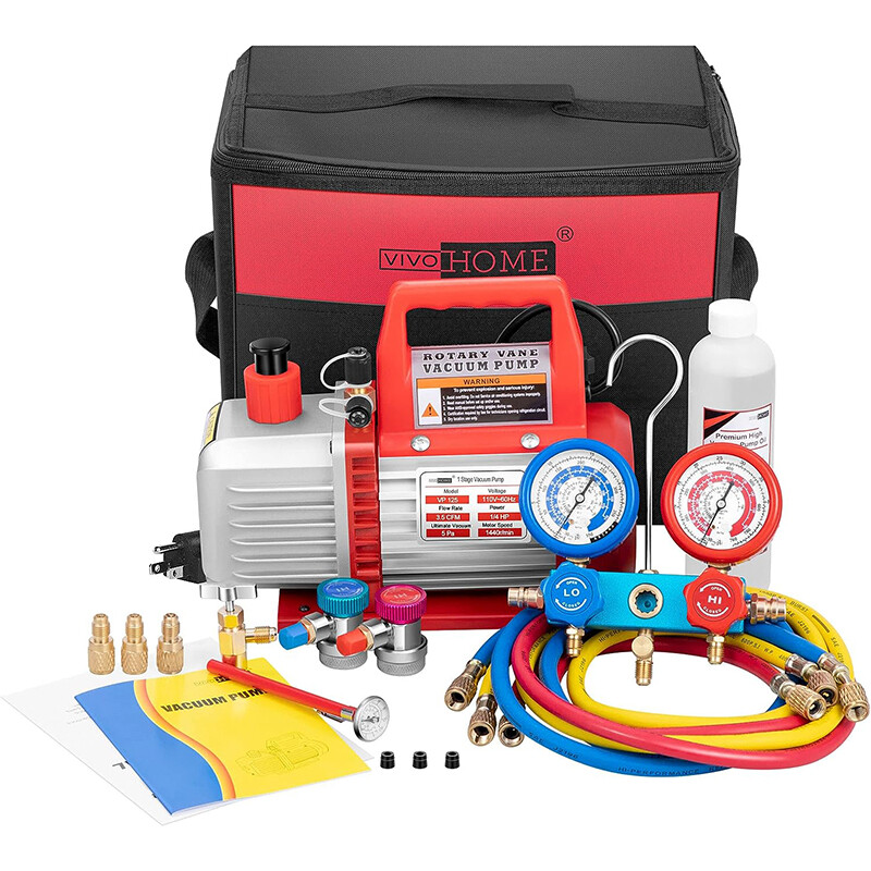 Combo 3.5cfm 1/4hp Air HVAC Vacuum Pump Kit & A/C Manifold Gauge Set with Case