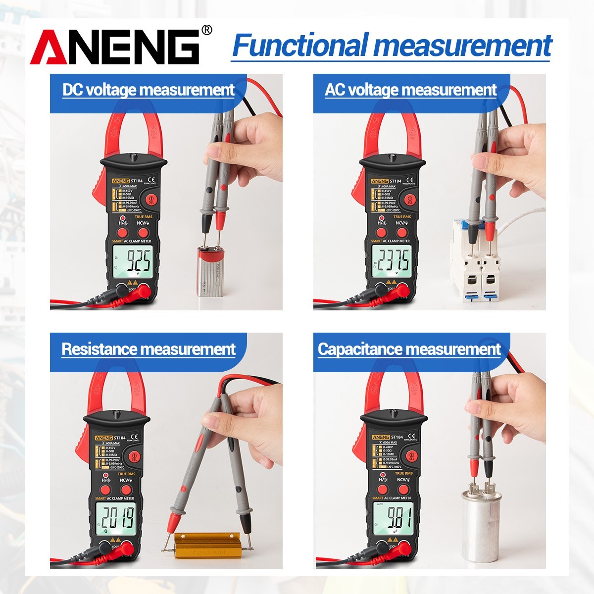 ANENG ST184 Clamp Meter True RMS 600A AC Auto Range NCV Temp Tester 6000 Counts