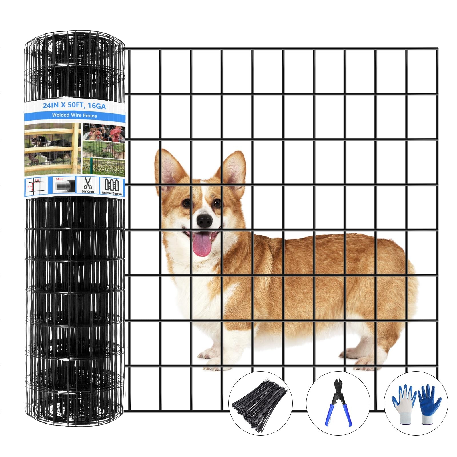 GILPWA Welded Wire Fence, 50ft(L) x 24inch(H) Garden Fence for Dog, 16GA Black