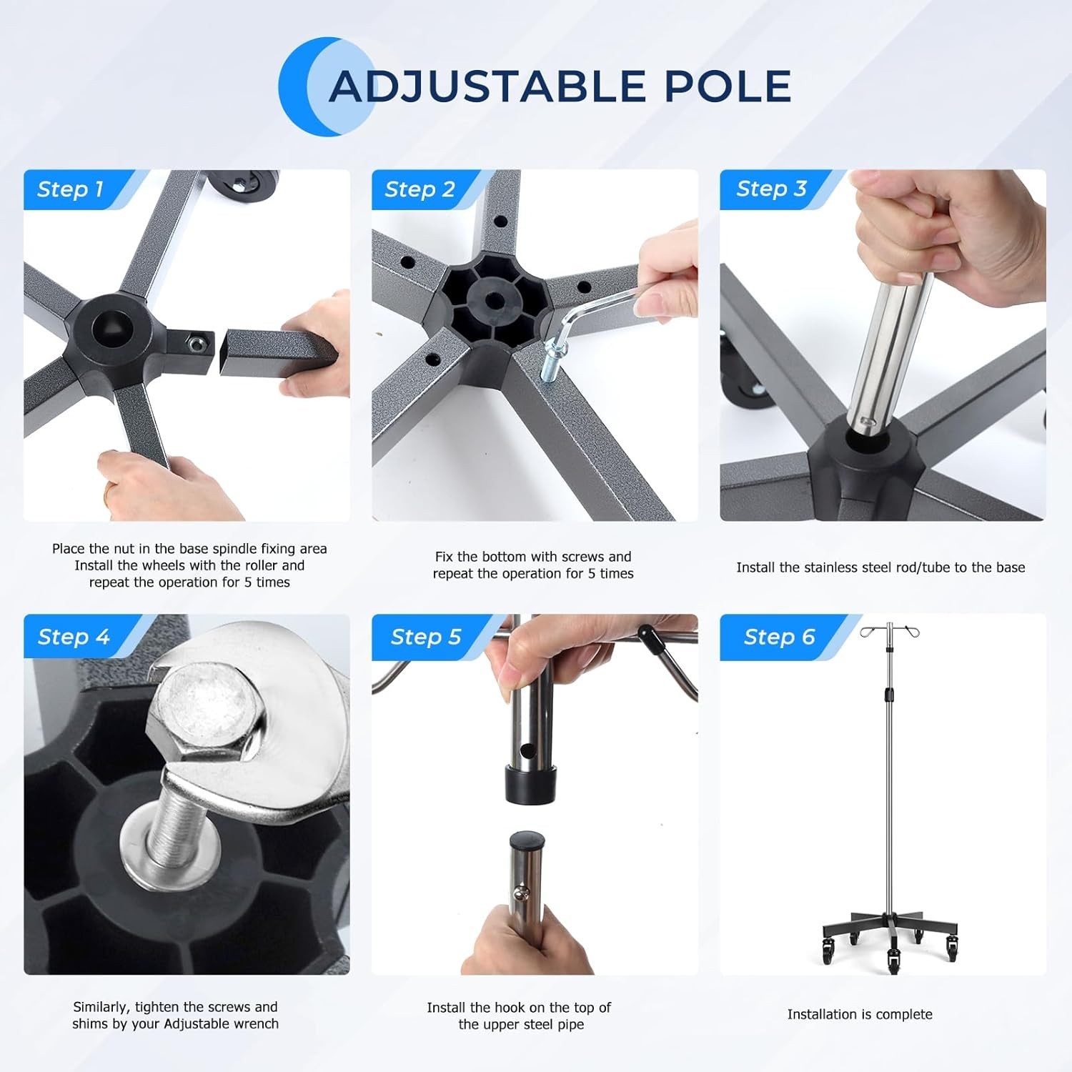 Base rodante de 5 patas de acero inoxidable resistente, altura ajustable, NEW US