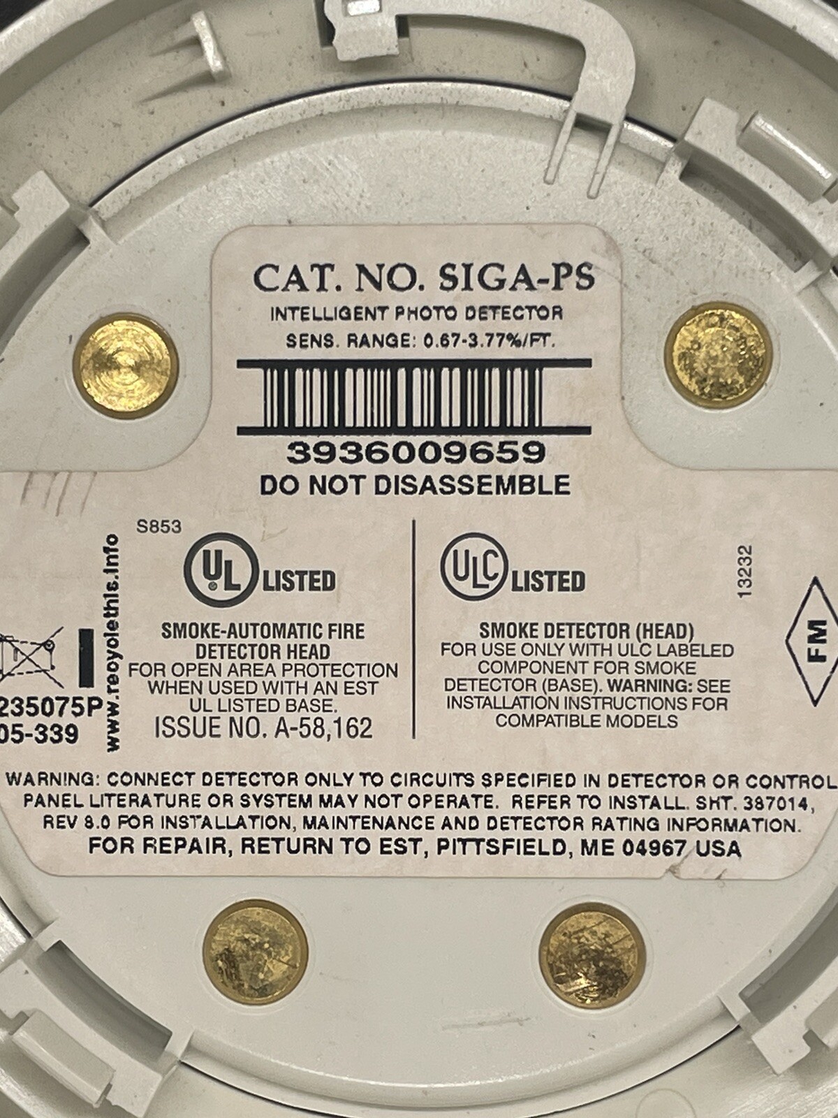 Edwards EST SIGA-PS Intelligent Photoelectric Smoke Detector