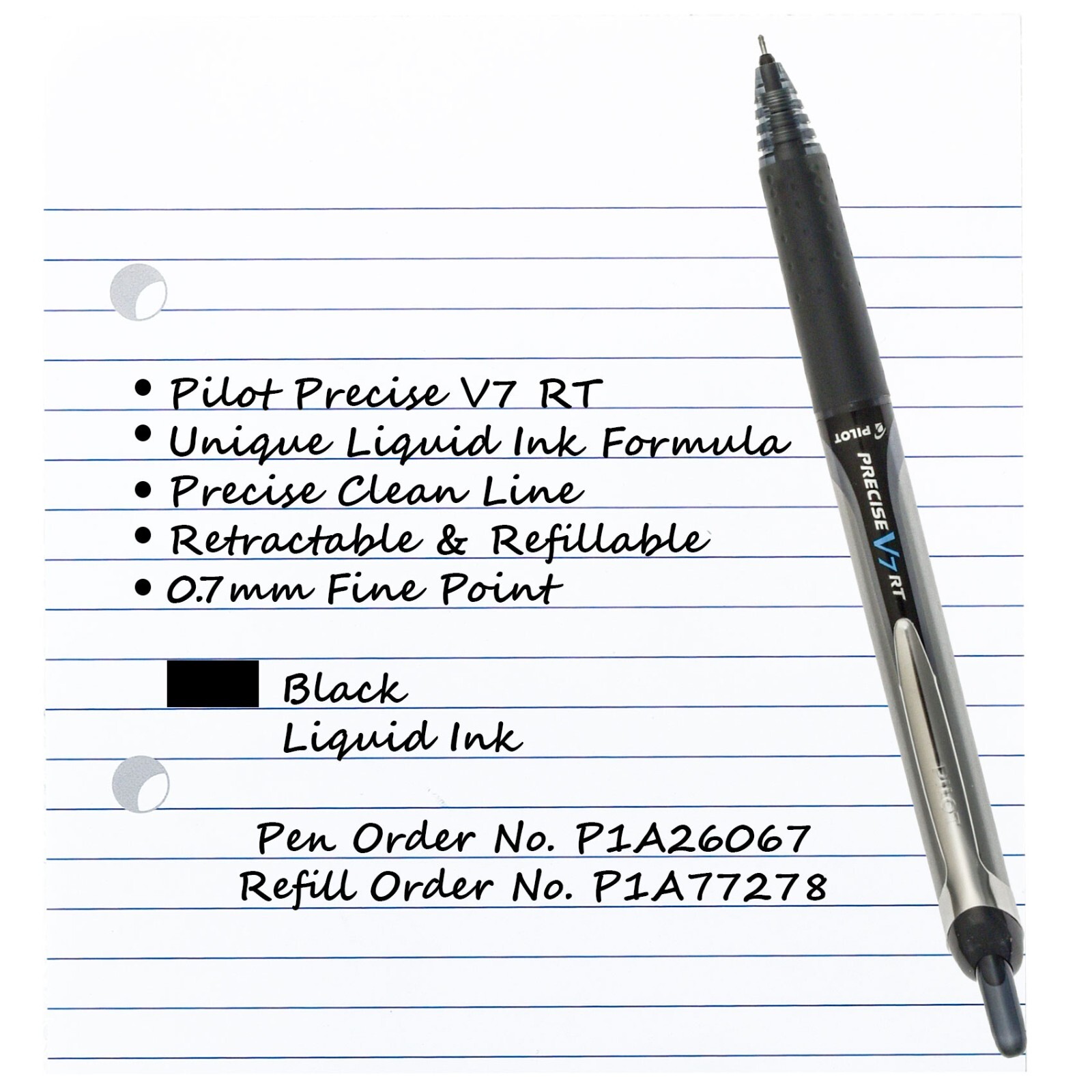 Pilot Precise V7 RT, 3 Pens With 4 Packs of Refills, Black Ink, 0.7mm Fine Point