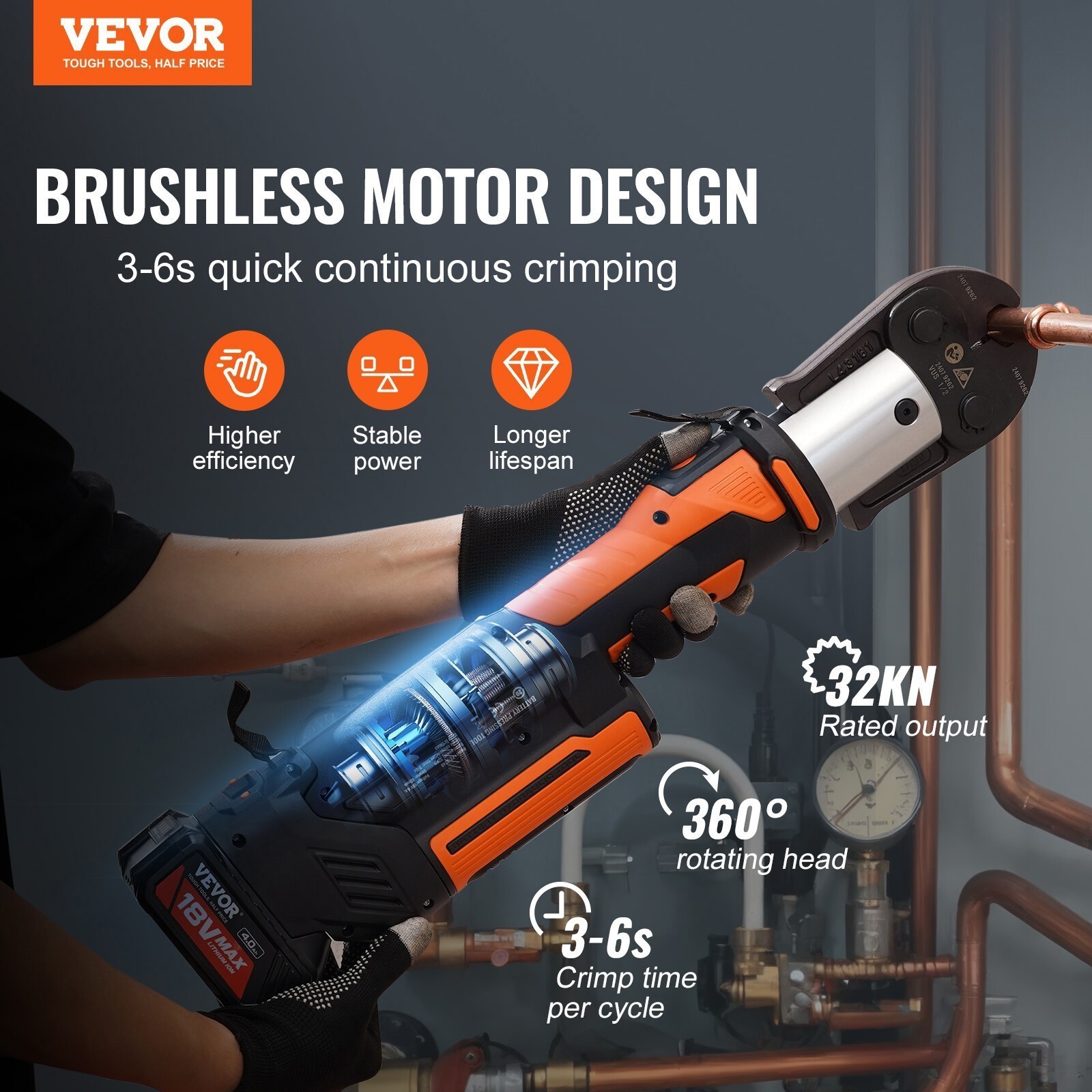 VEVOR 1/2″-2″ Pro Press Tool Pipe Crimping Kit with 6 Jaws DC18V PZ-3240