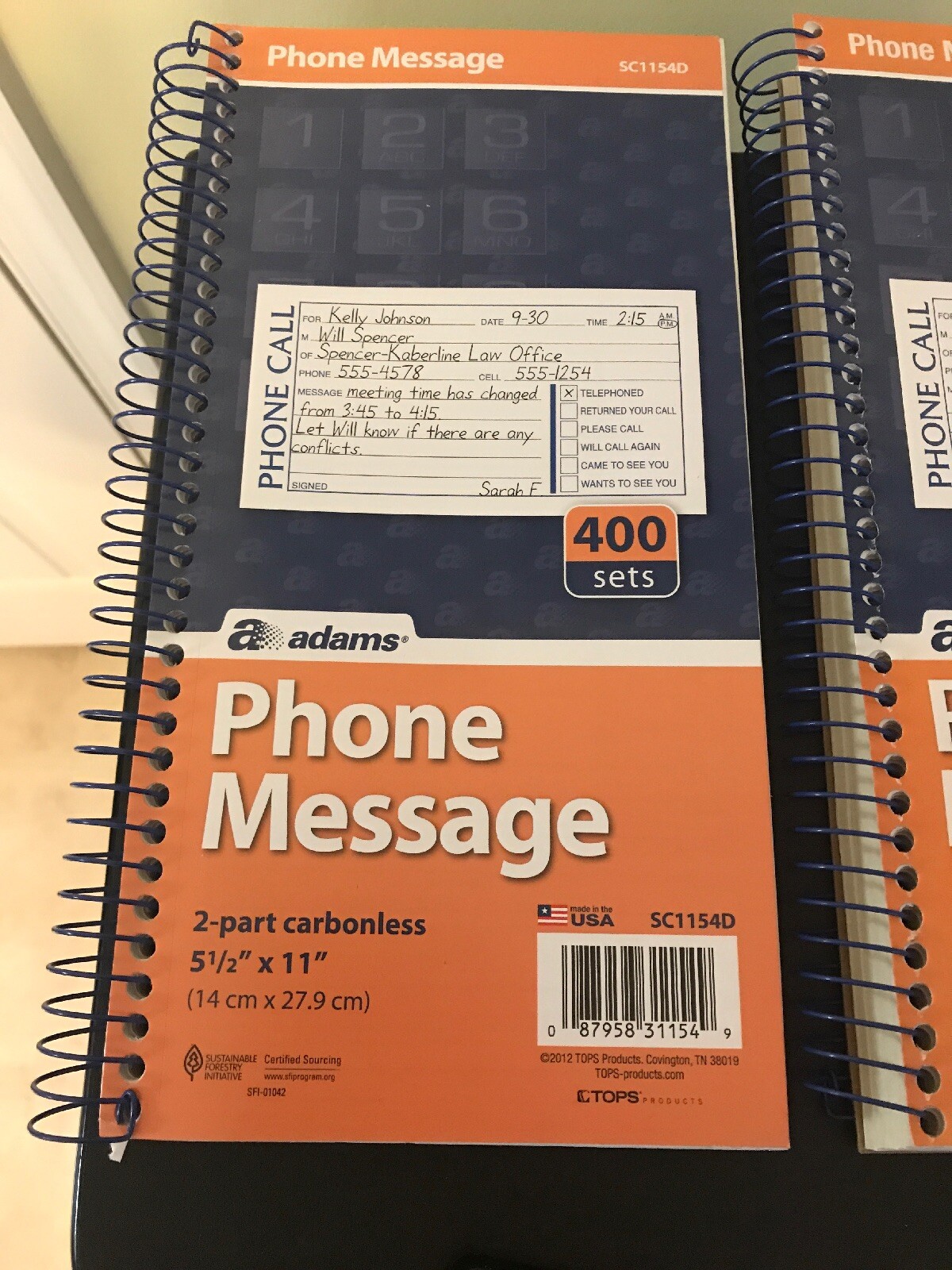ADAMS PHONE MESSAGE SC1154D 5.5×11″ 400 sets (lot of 2)