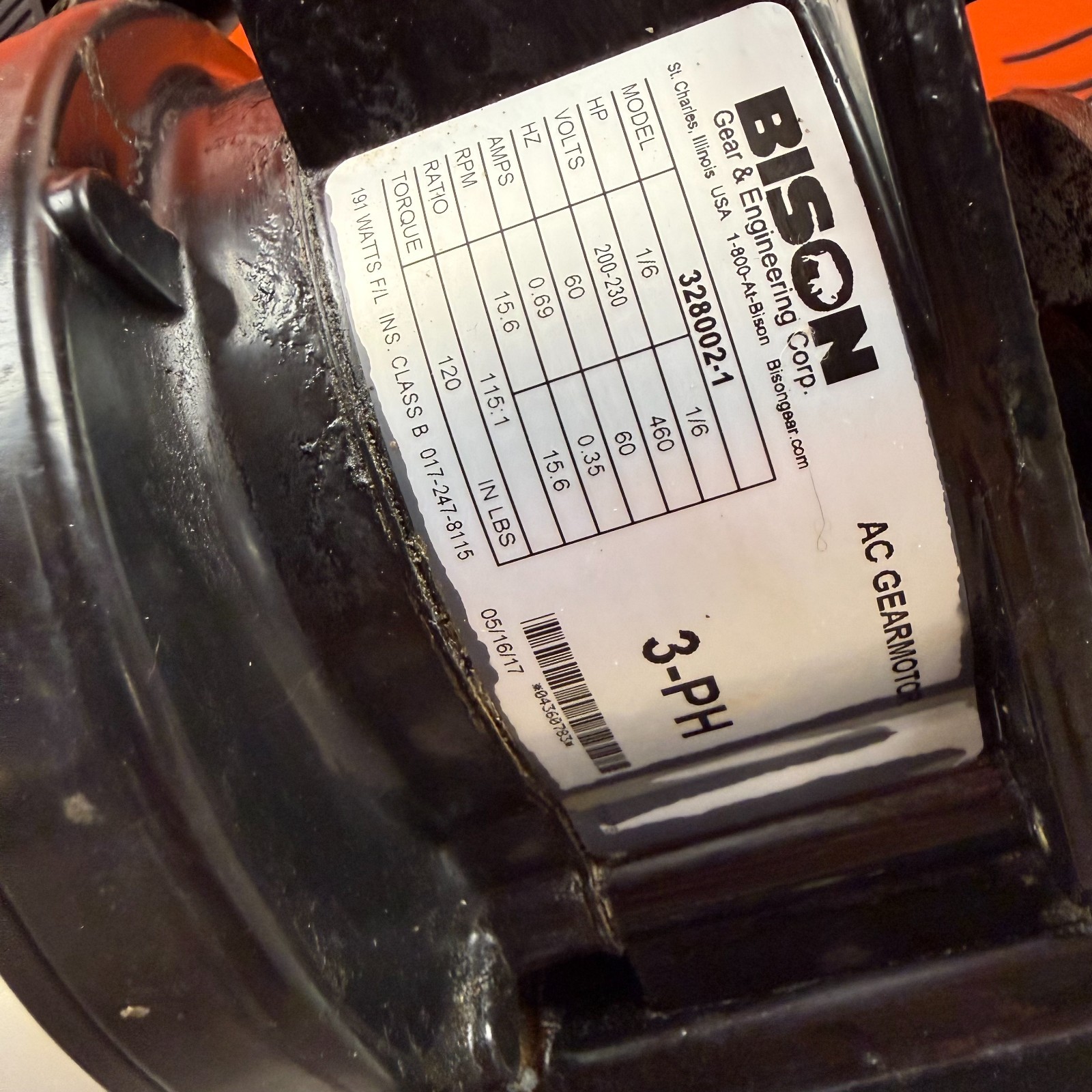 Marathon 5K38DNA001FY 1/5HP 1725RPM 3Ph 48Y AC Motor Hobart CRS66A 150-503-3901B