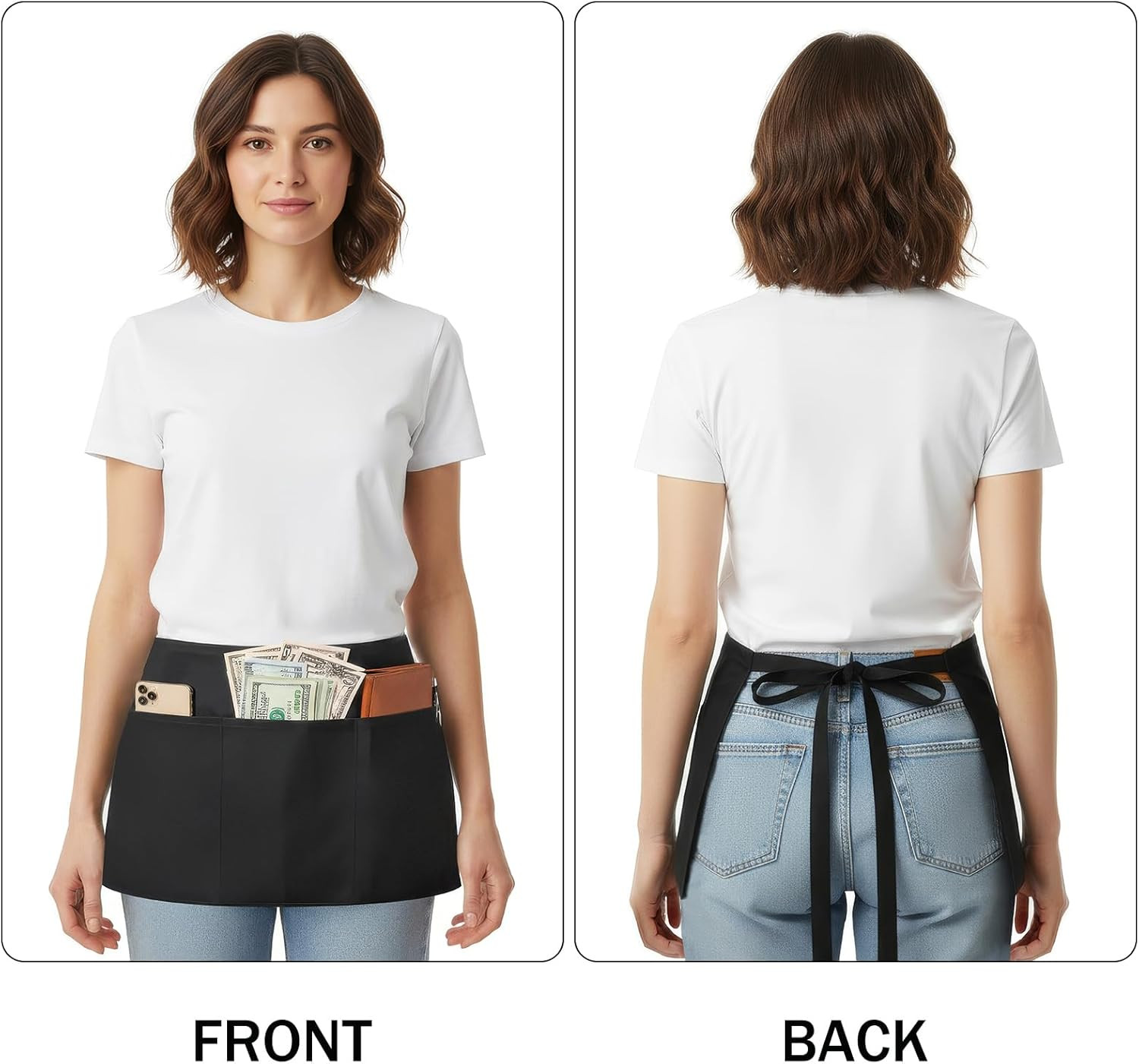 4 Pack Waitress Apron With 3 Pockets-Black Server Aprons-Waiter Short Half Waist