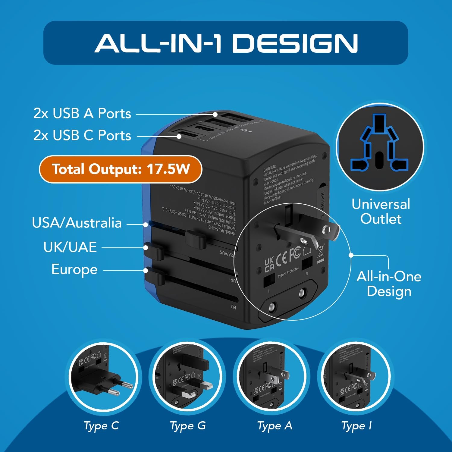 Ceptics Universal Travel Adapter, 5 in 1 Universal Laptop Charger with 2X USB…