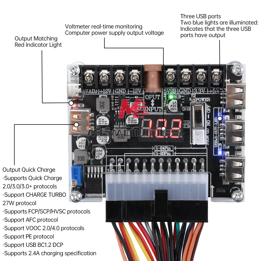 20/24Pin ATX Power Supply Breakout Board Adjustable Voltage Module + Case USA