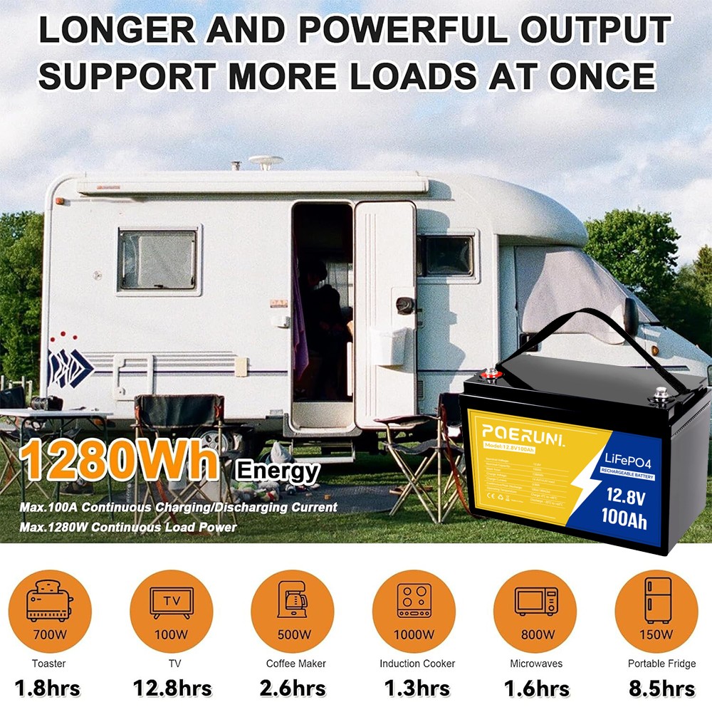 12.8V LiFePO4 Lithium Battery 12V 100Ah 4000+ Deep Cycle BMS for RV Off-Grid