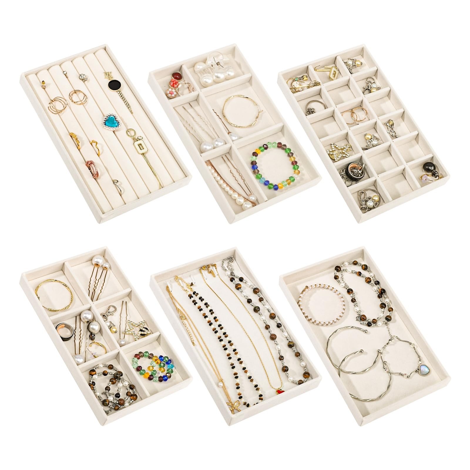 Dntorx Stackable Jewelry Organizer Trays, 6 Set of Velvet Beige