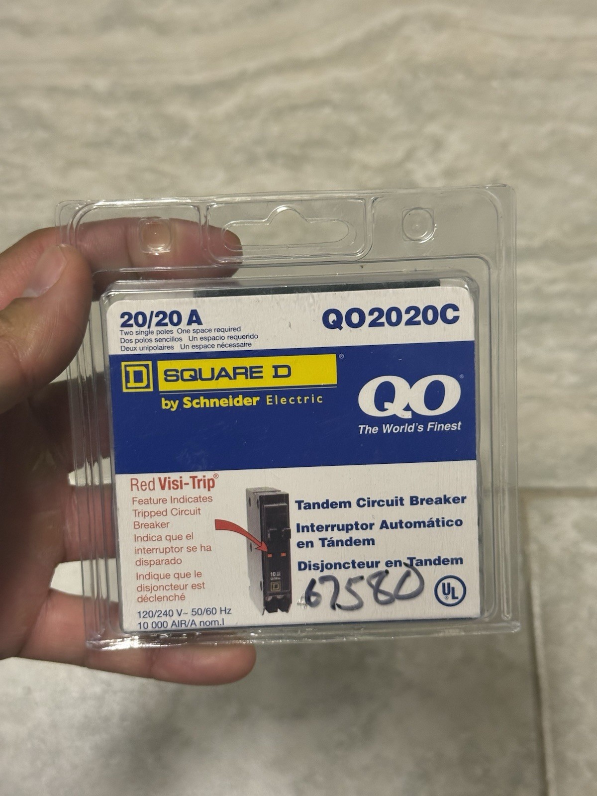 Square D QO2020C Tandem Circuit Breaker 20/20A 120/240V Red Visi-Trip