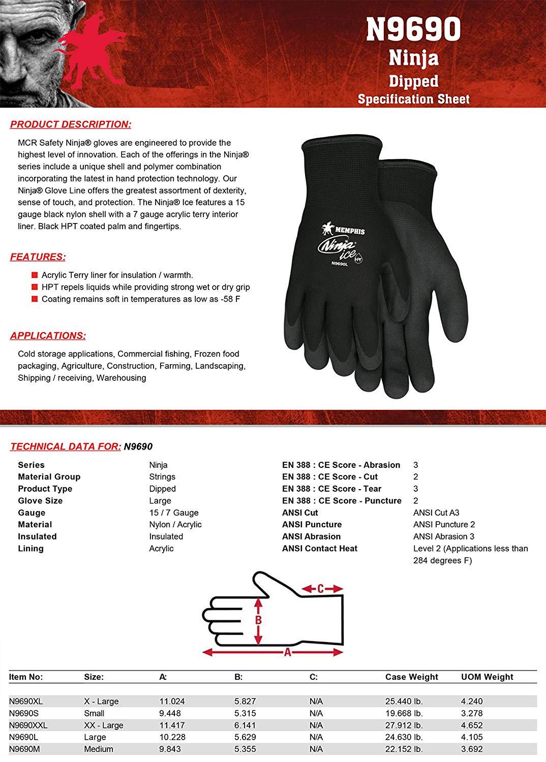 MCR MEMPHIS NINJA ICE INSULATED COLD WINTER WEATHER SAFETY WORK GLOVES 1/PAIR