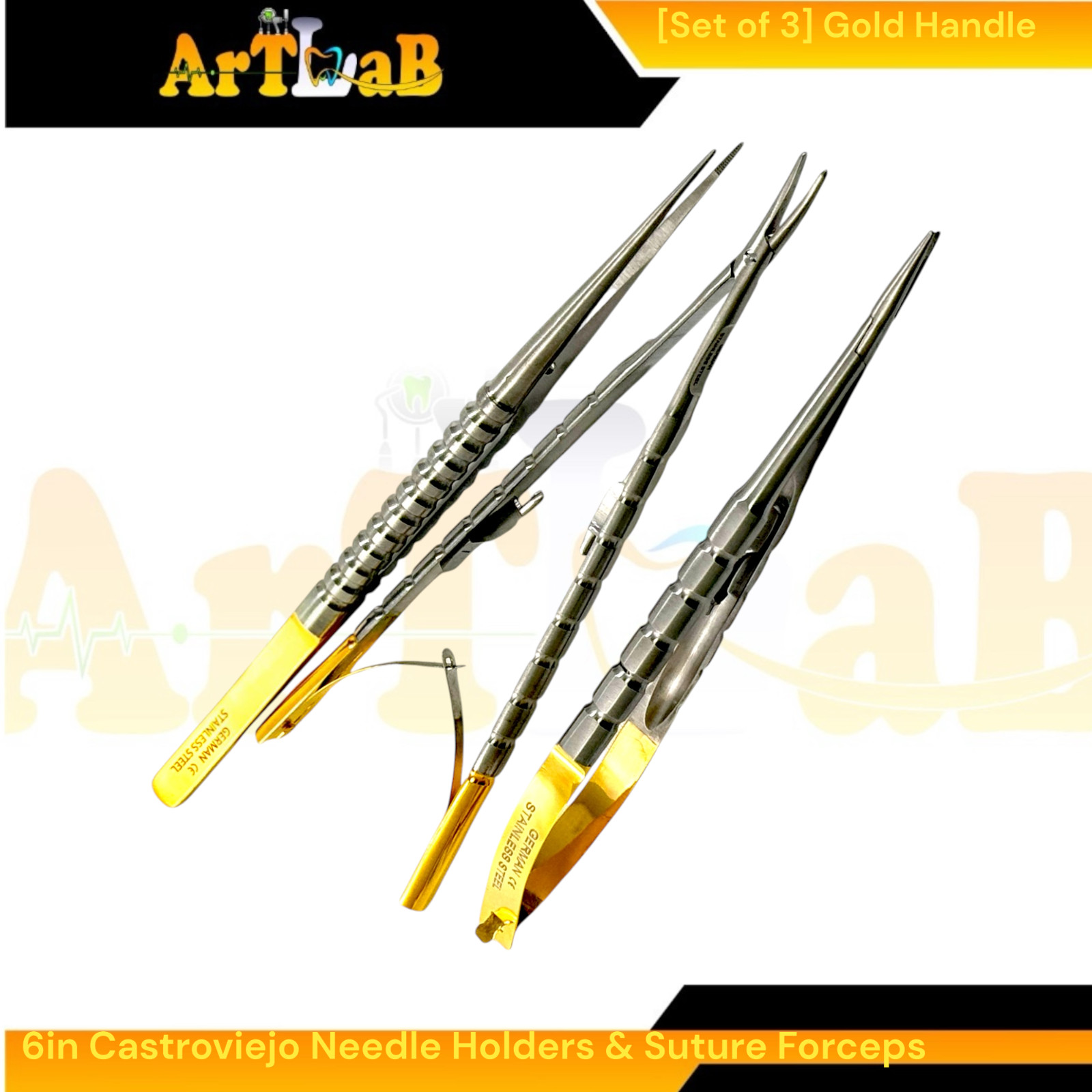Set of 3 Castroviejo Needle Drivers Cur & Str + Suture Tying Forceps w/Guide Pin