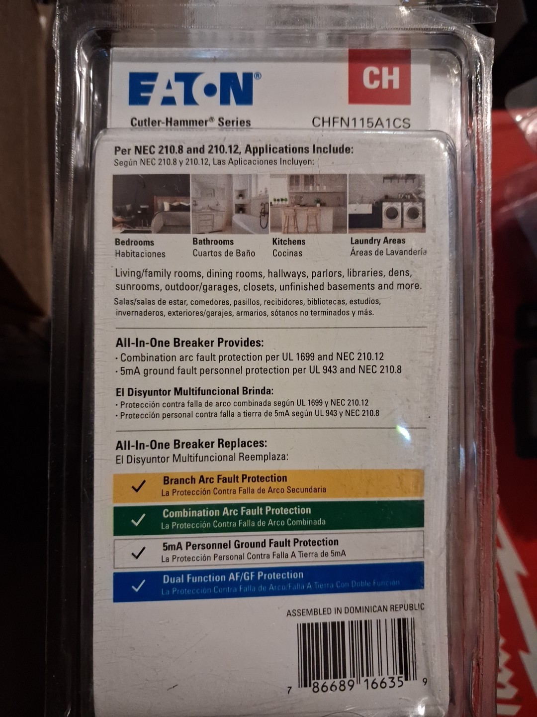 Eaton CHFN115A1CS CH 15A 1-Pole Dual Function AFCI/GFCI Circuit Breaker – Black