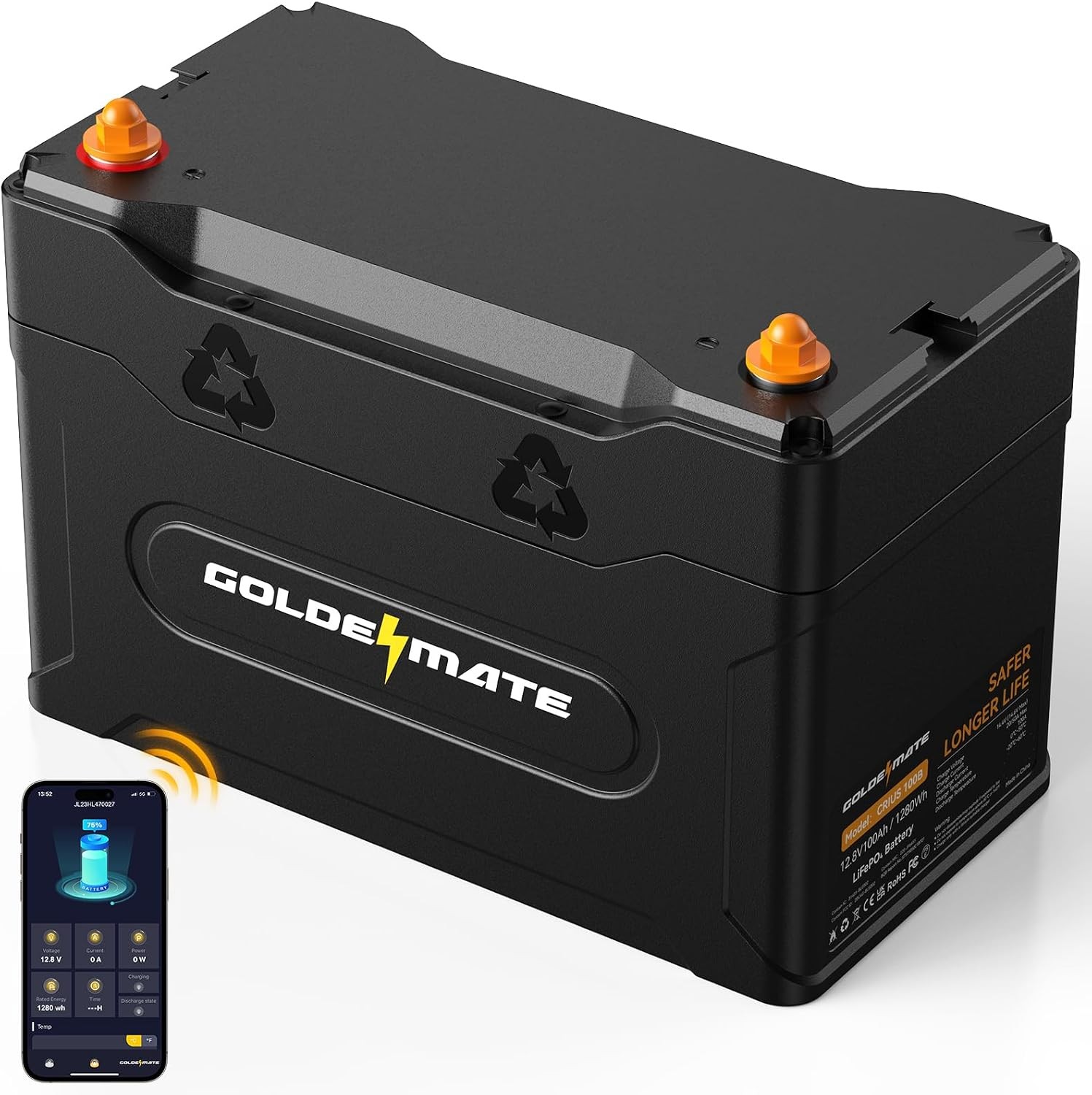 GOLDENMATE 12V 100Ah Group 31 Bluetooth LiFePO4 Battery, IP67 Waterproof Lithium