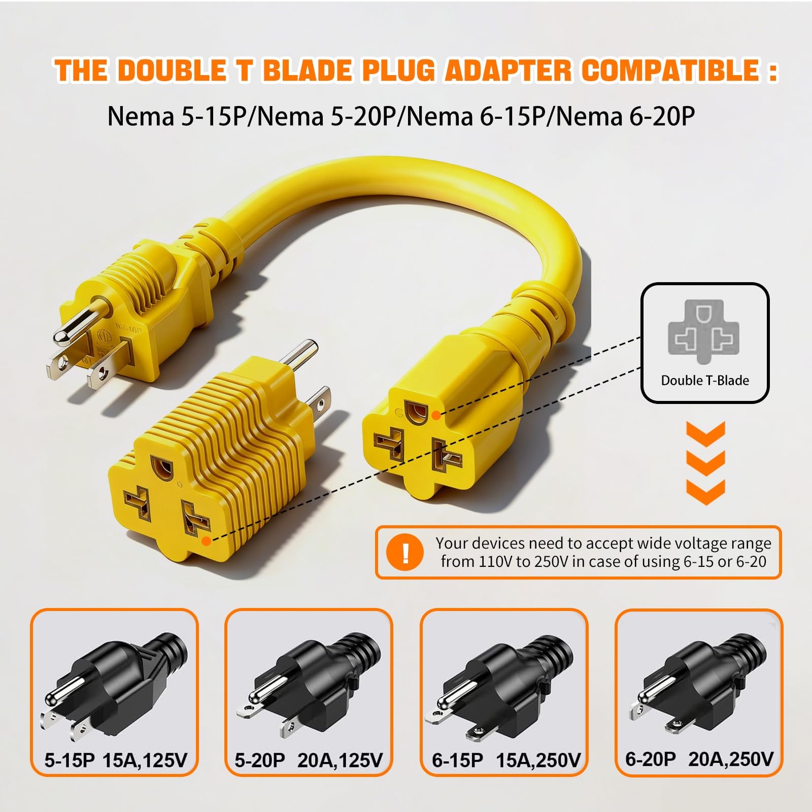 4-in-1 15 Amp to 20 -1ft Extension Cable&Power Adapter， T 1 ft, Yellow